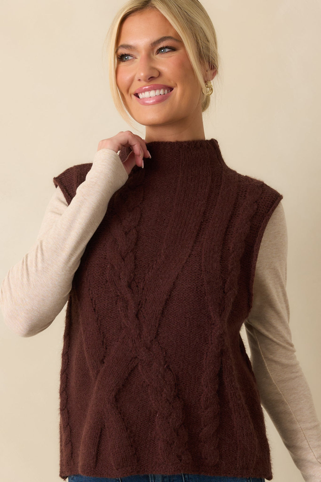 Cuddle Up Close Chocolate Brown Cable Knit Sweater Vest