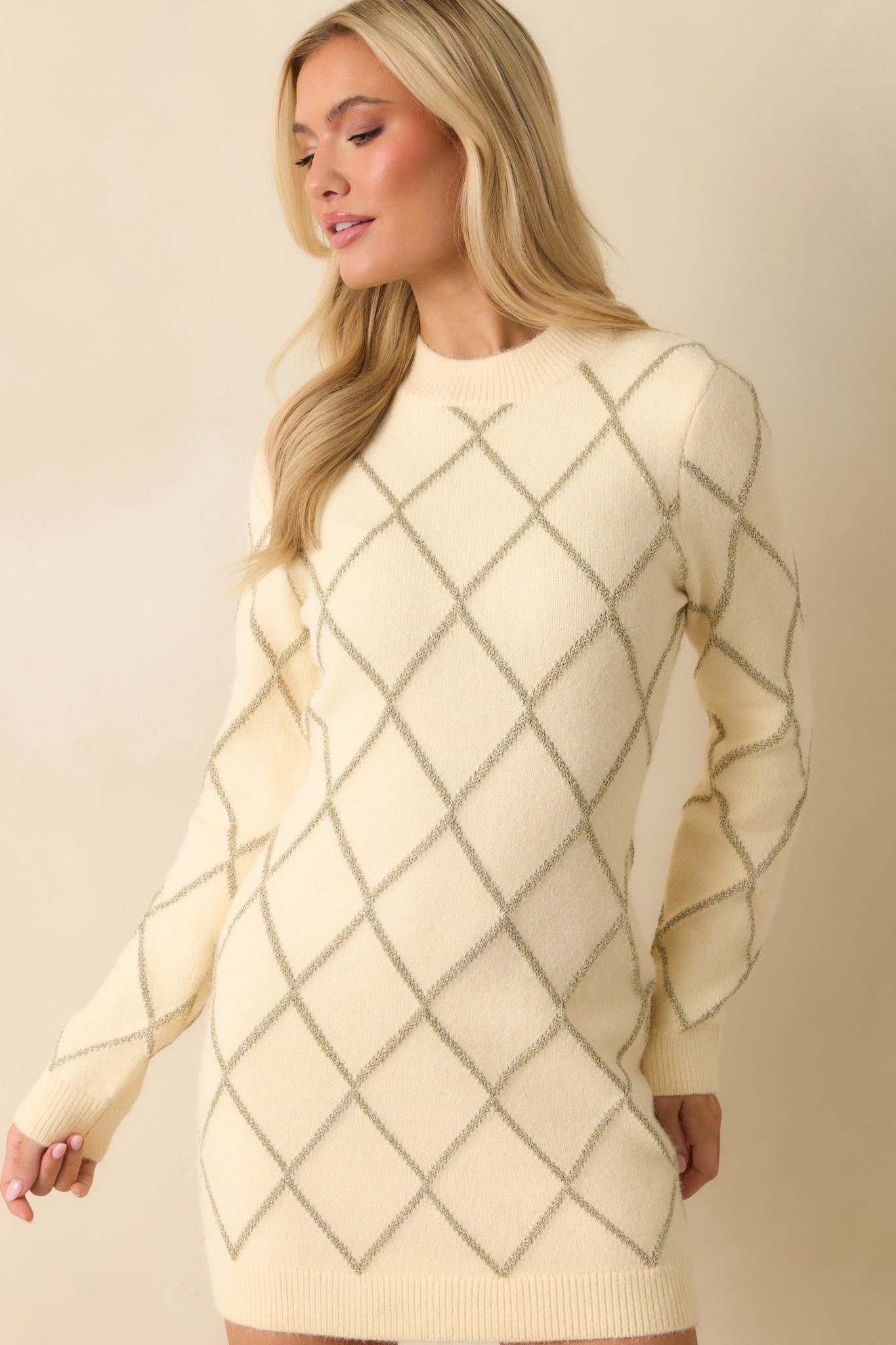 Bright On Arrival Ivory Knit Metallic Argyle Sweater Dress