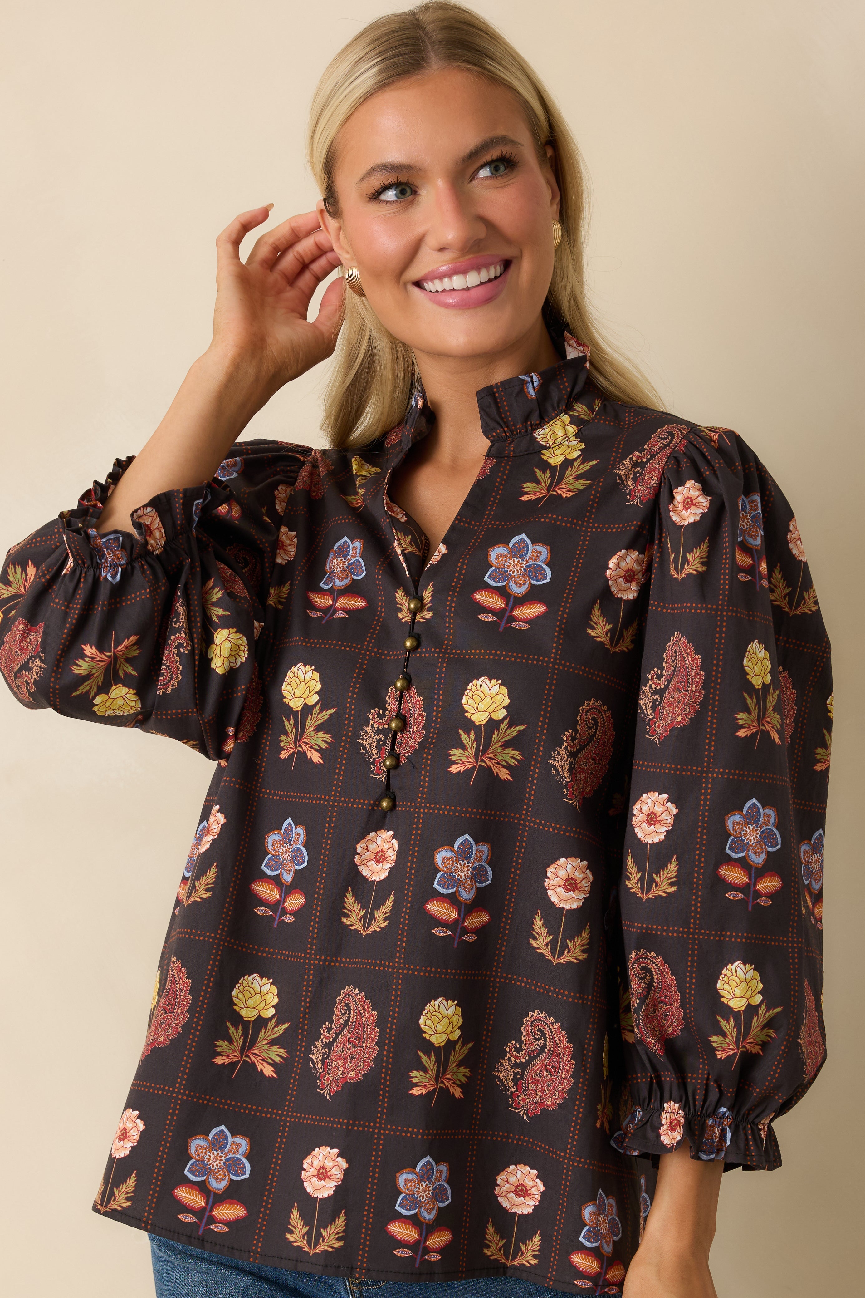 Everything’s Blooming Black Multi Floral Cotton Puff Sleeve Blouse