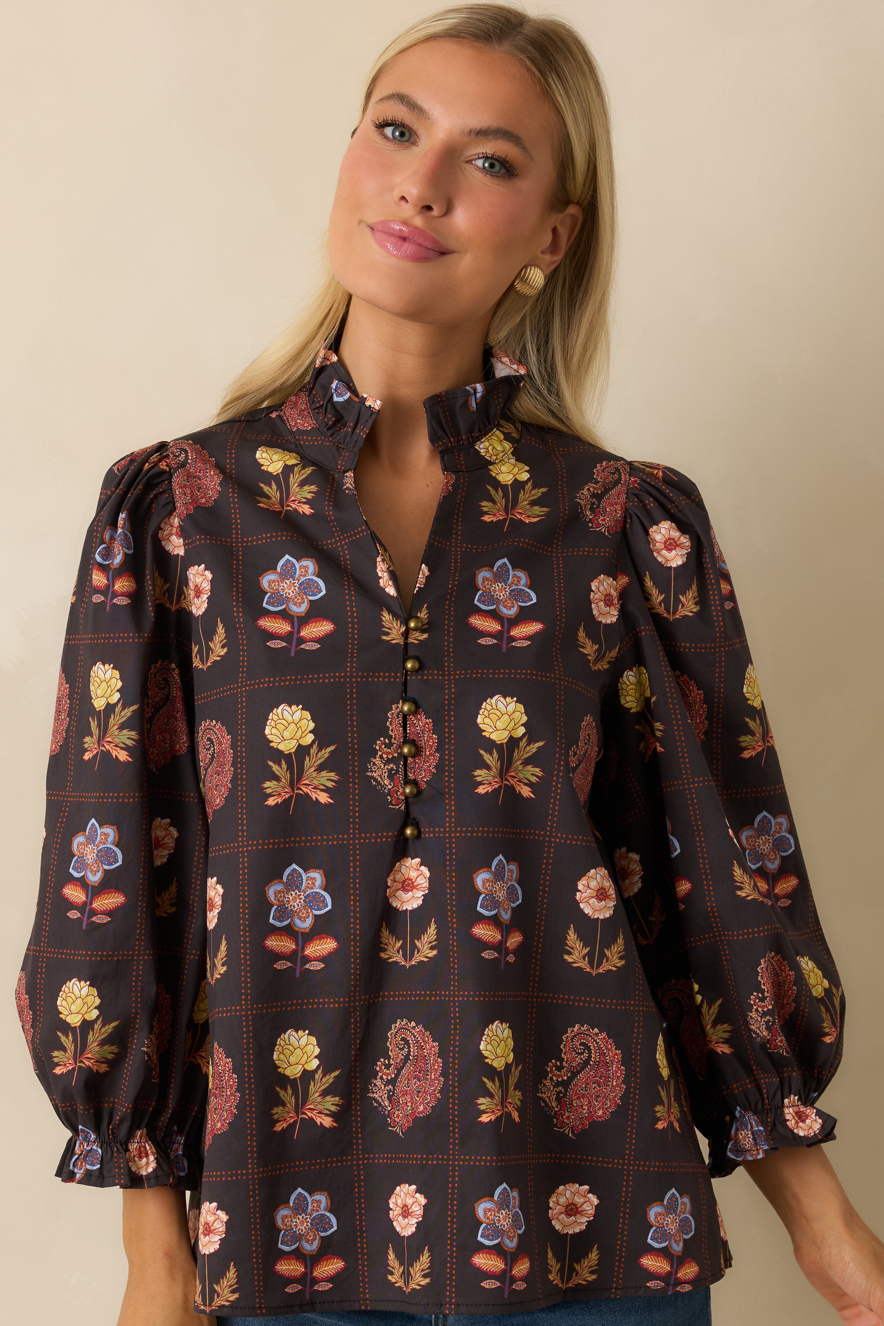 Everything’s Blooming Black Multi Floral Cotton Puff Sleeve Blouse
