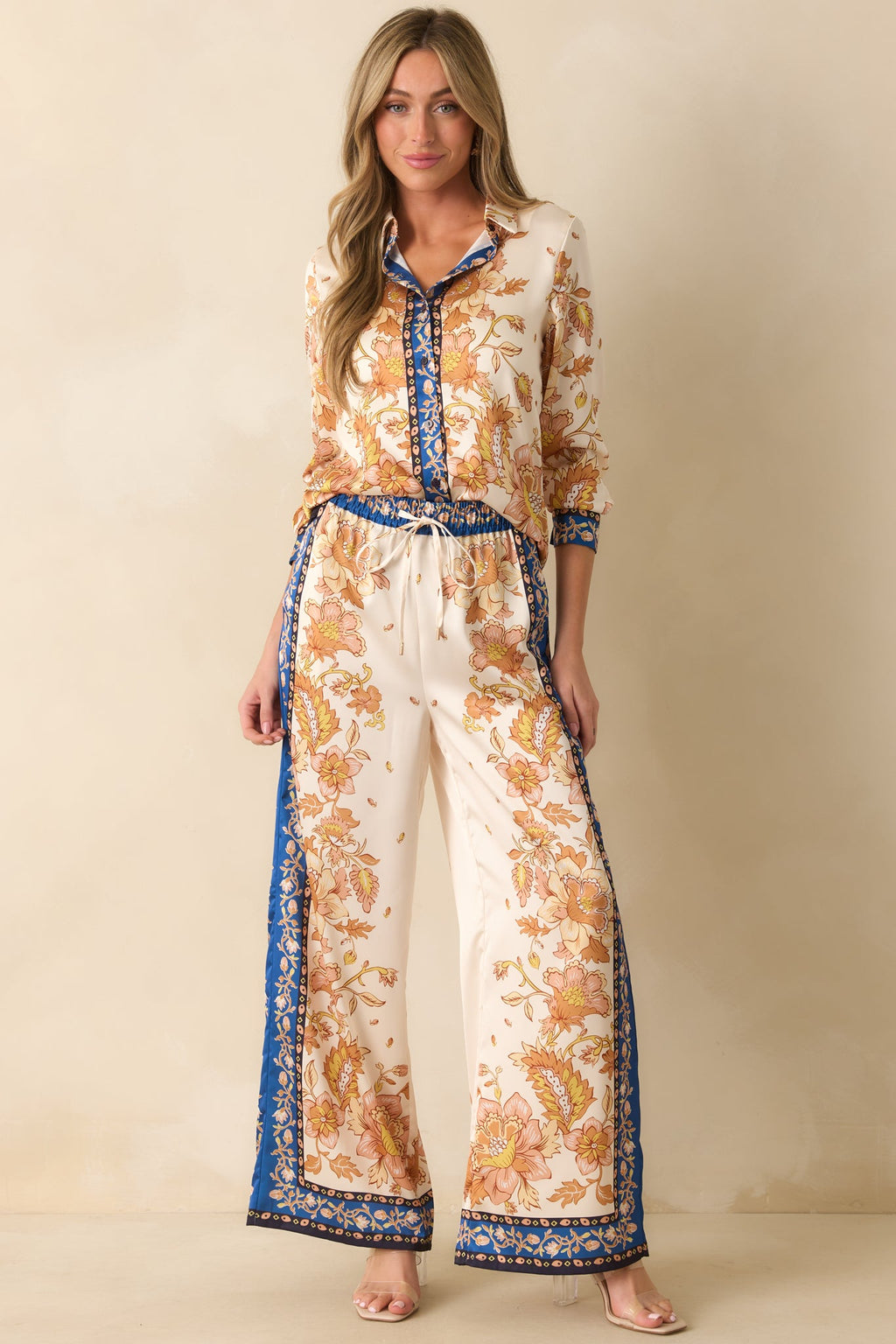 Held Her Ground Ivory Multi Floral Print Wide Leg Satin Pants