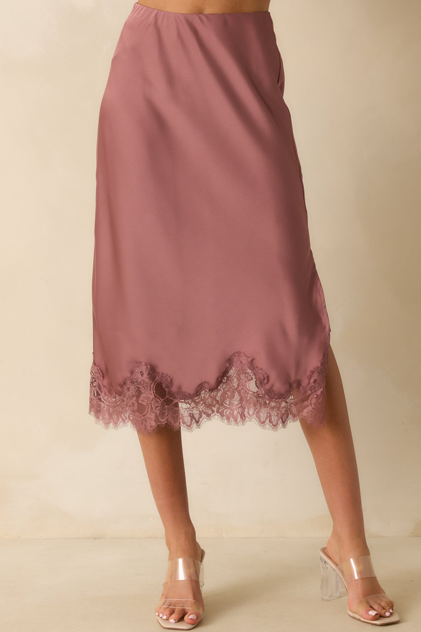 Just Call Me Later Rose Pink Satin Lace Trim Midi Skirt
