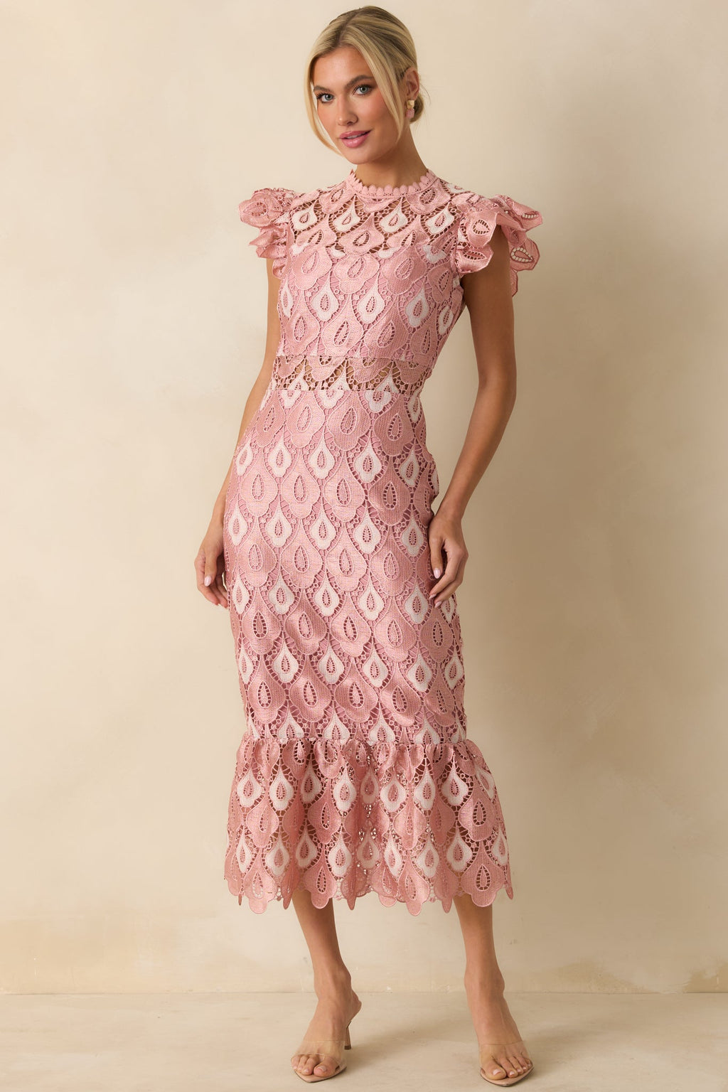 Laced In Compliments Soft Pink Lace Short Sleeve Maxi Dress