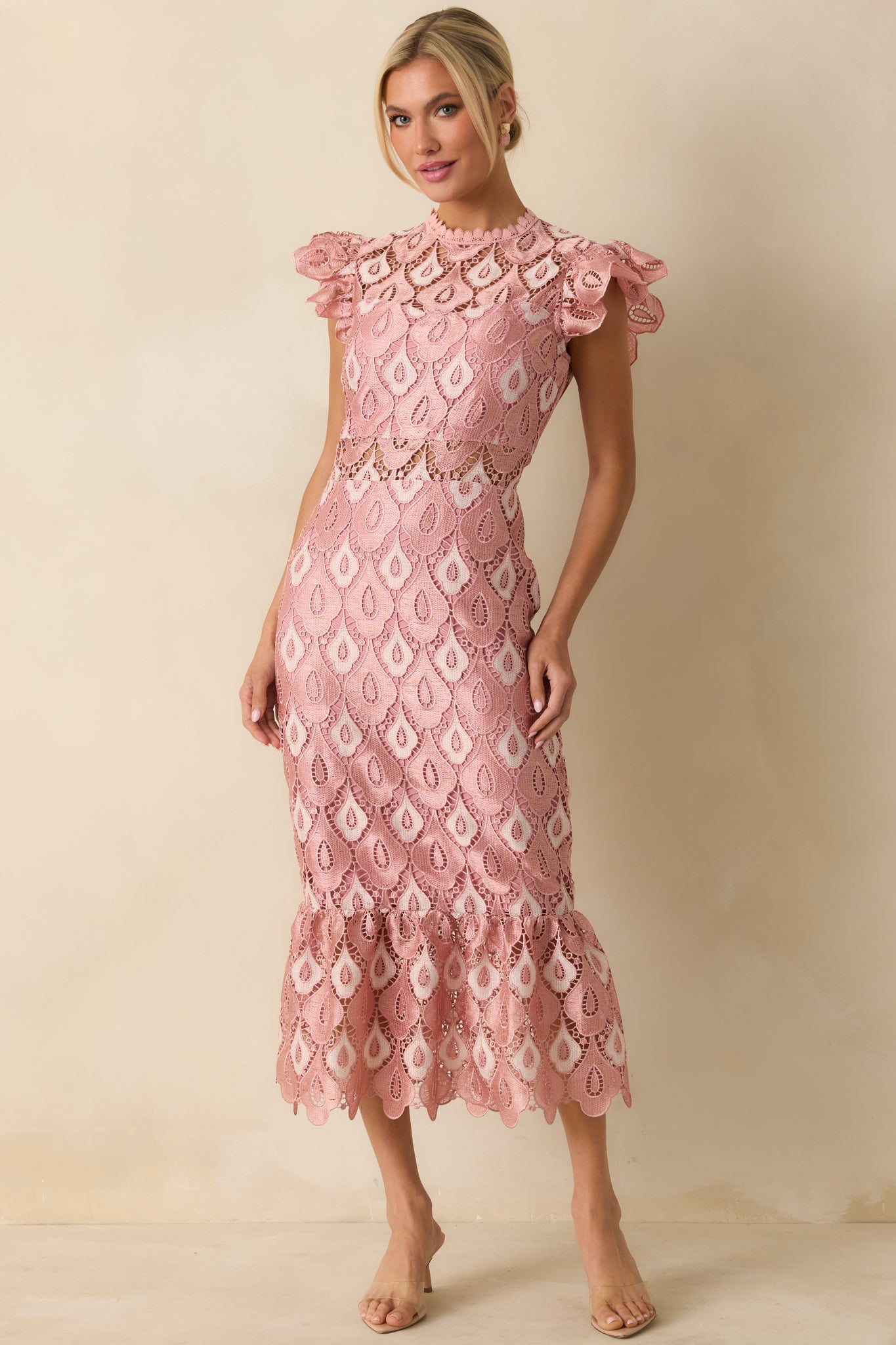 Laced In Compliments Soft Pink Lace Short Sleeve Maxi Dress