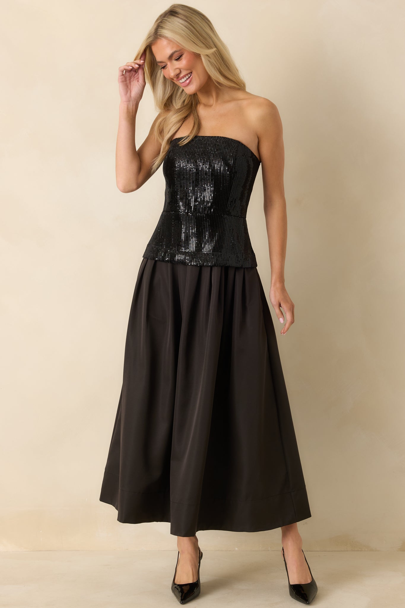 Sips & Sparkles Black Sequin Strapless Midi Dress