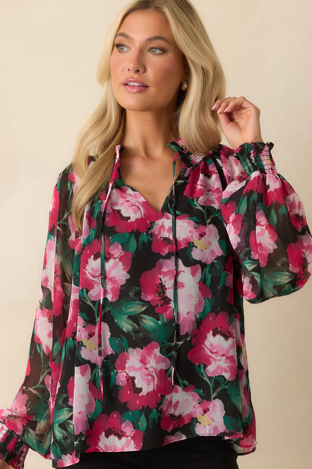 Take It All In Pink Multi Floral Print Chiffon Peasant Top