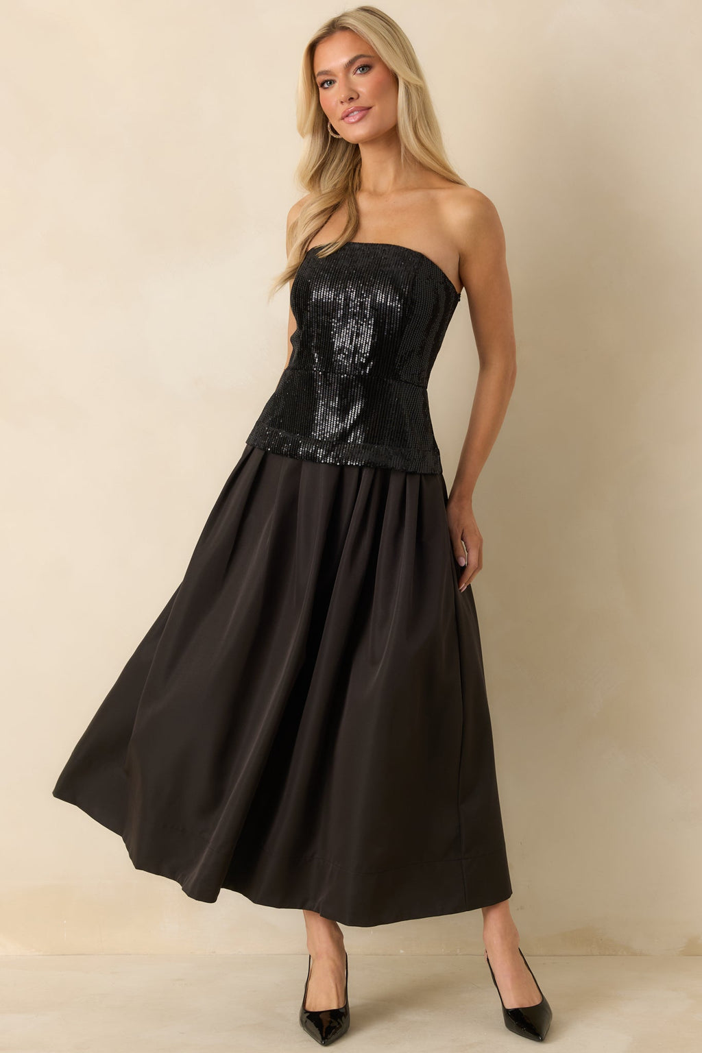 Sips & Sparkles Black Sequin Strapless Midi Dress