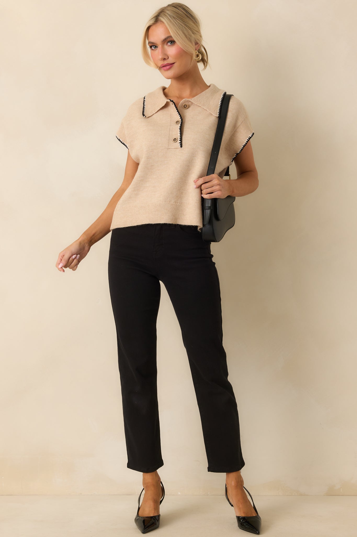 Let’s Call It Even Oatmeal Beige Contrast Trim Knit Short Sleeve Polo Top