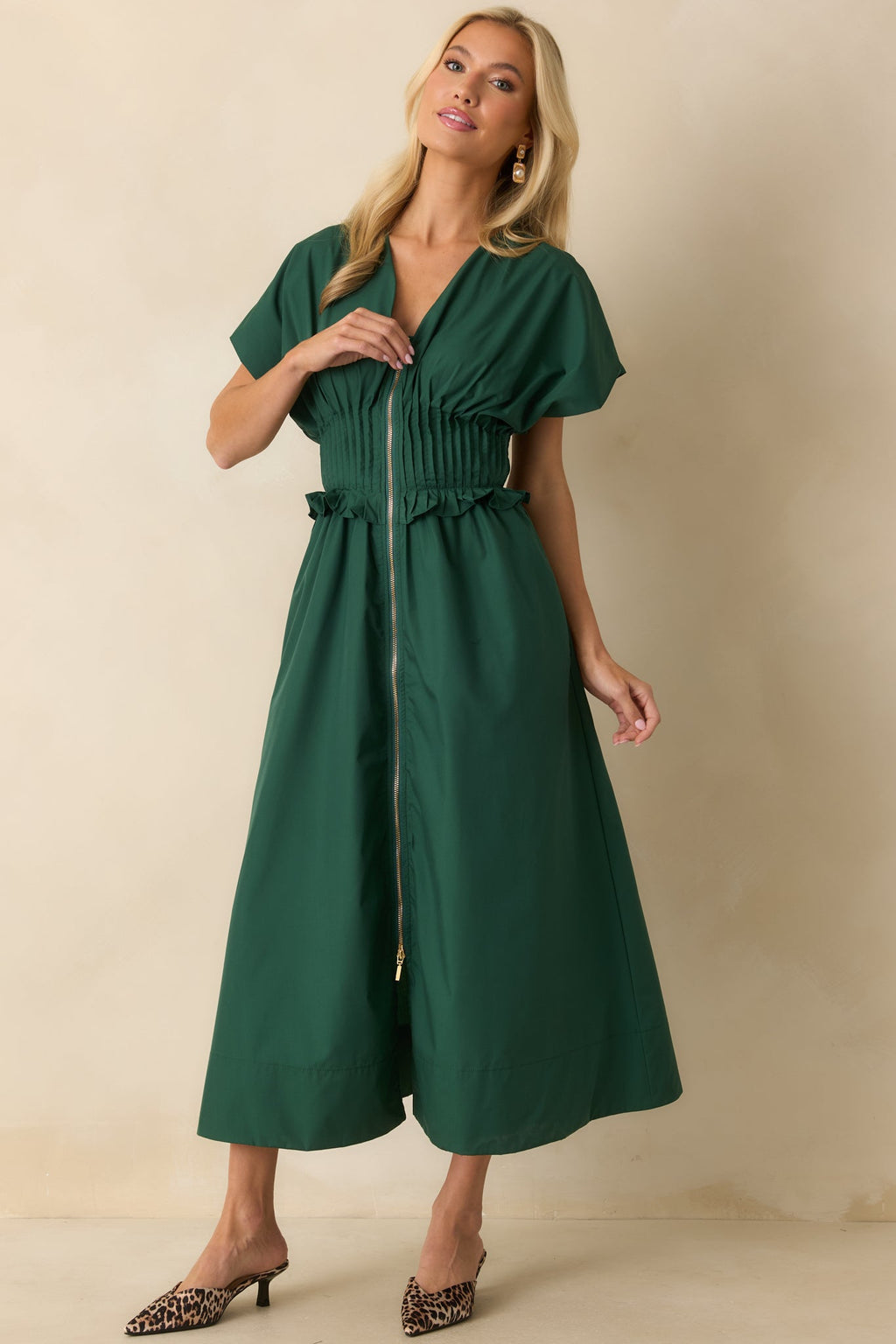 Let It Be Easy Green Smocked Waist Zip Maxi Dress