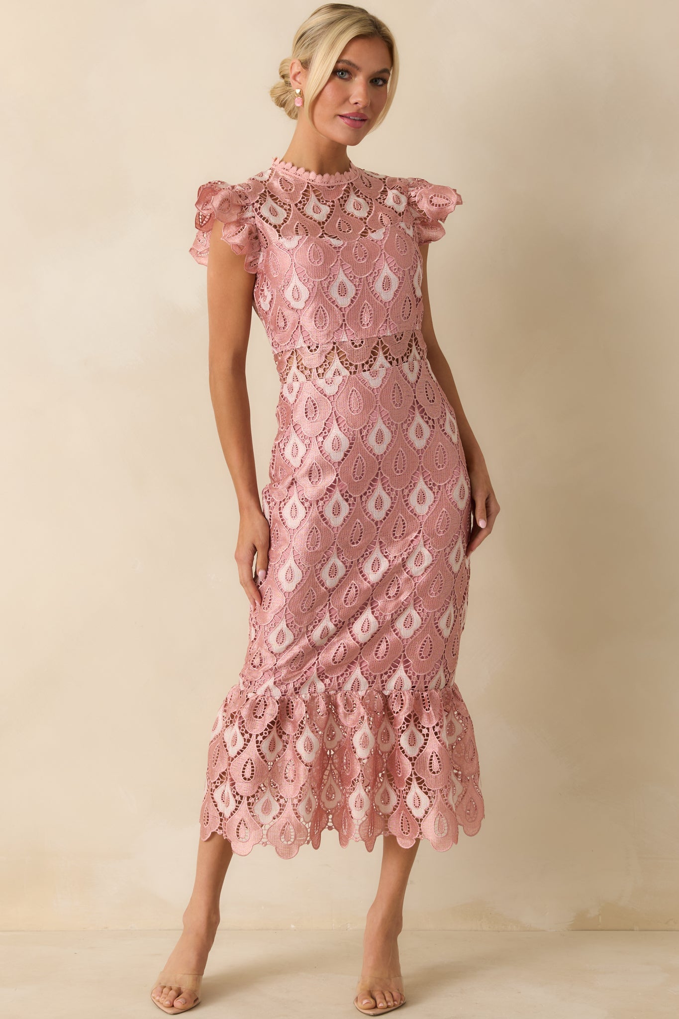 Laced In Compliments Soft Pink Lace Short Sleeve Maxi Dress