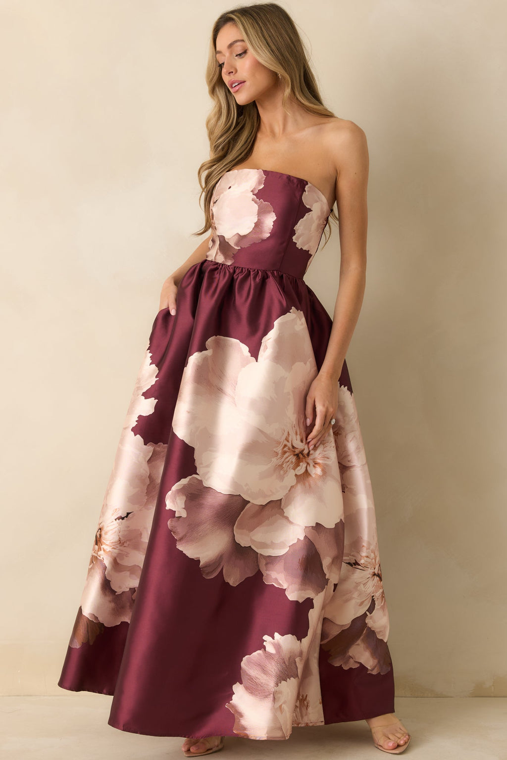 Simply Breathless Burgundy Floral Print Strapless Maxi Dress