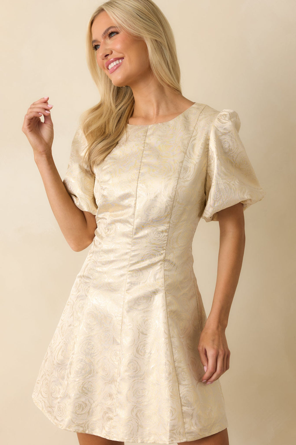 Never Without Grace Champagne Floral Jacquard Mini Dress