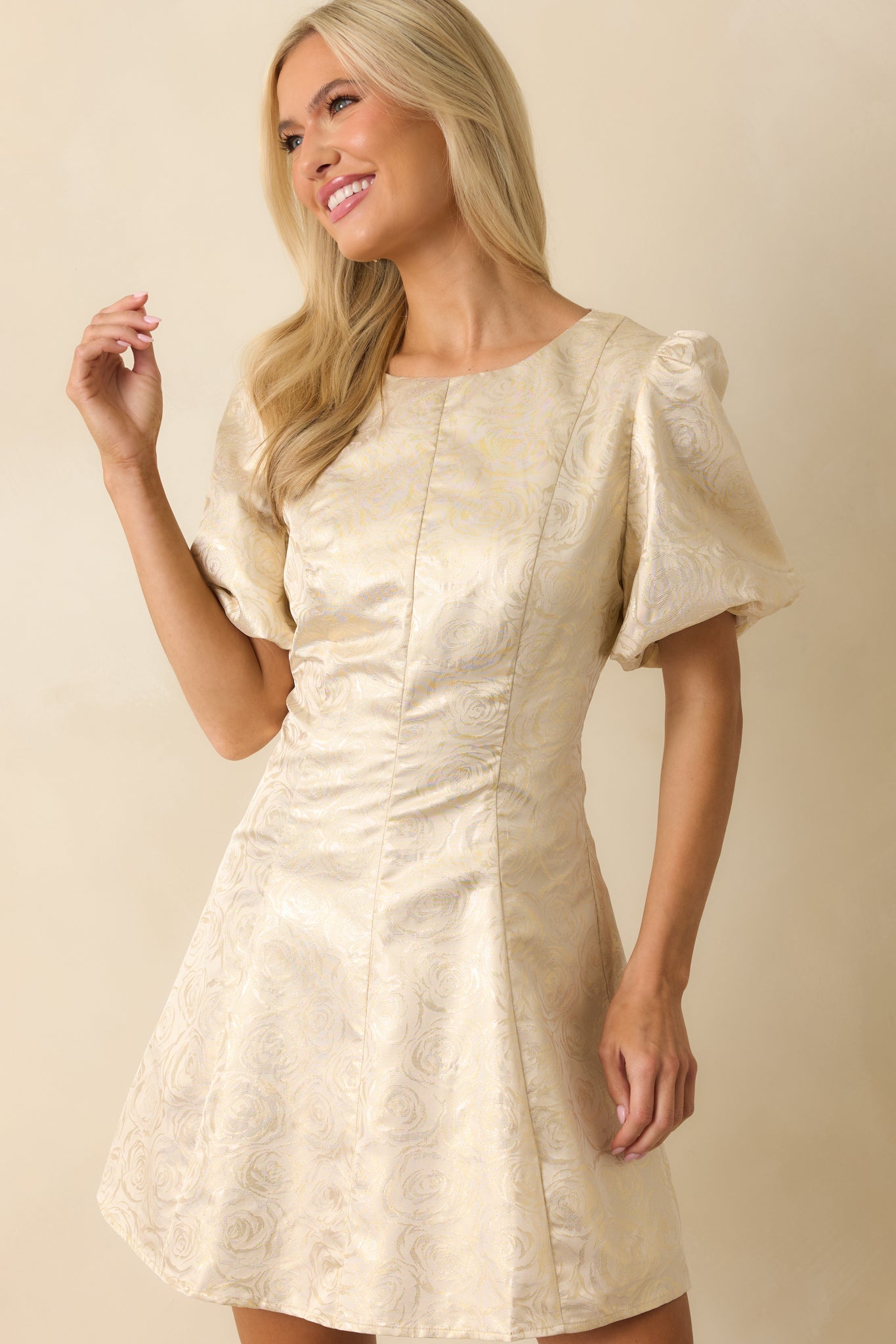 Never Without Grace Champagne Floral Jacquard Mini Dress