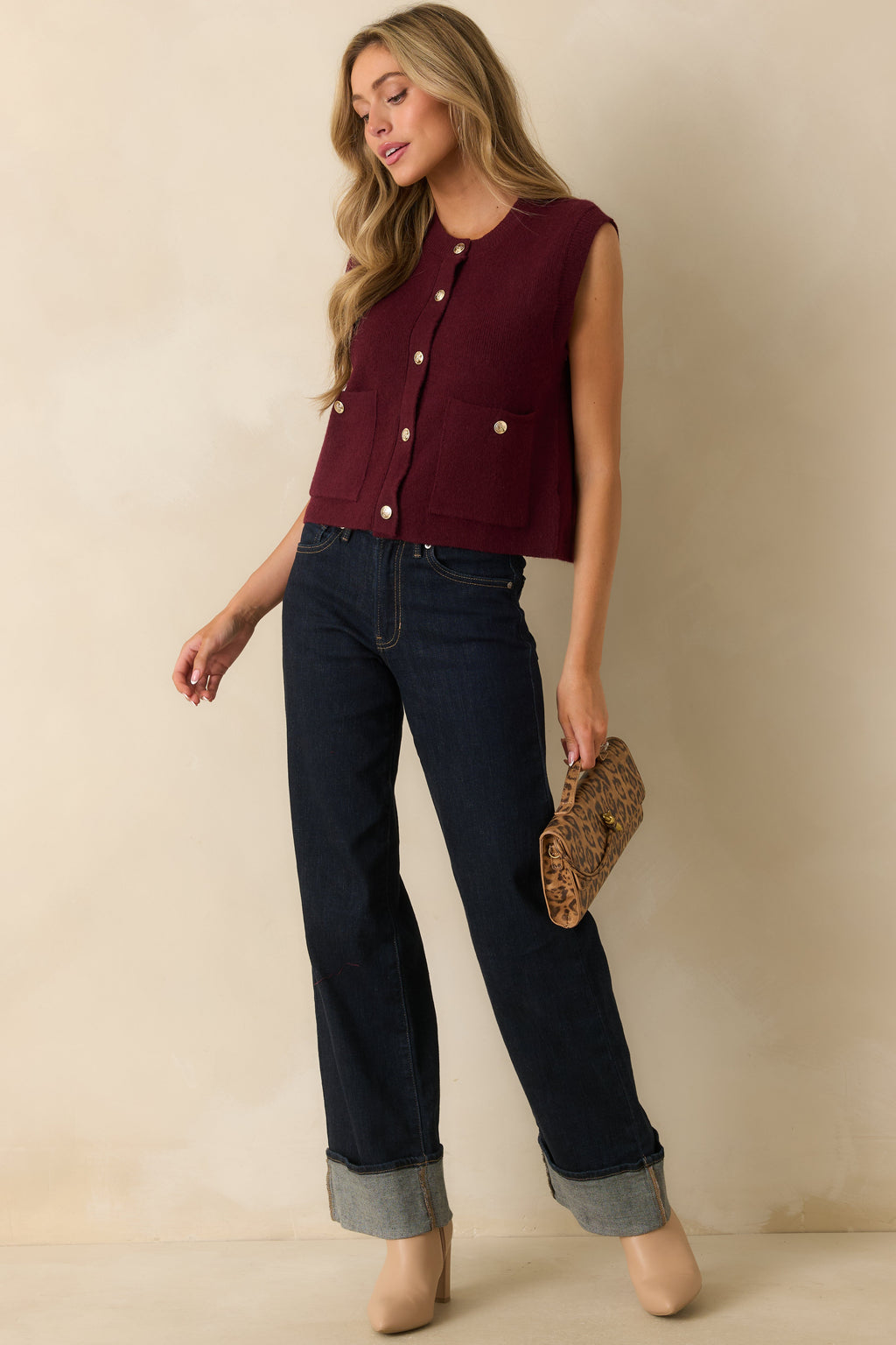 Keep Me Near Wine Red Button Front Sweater Vest