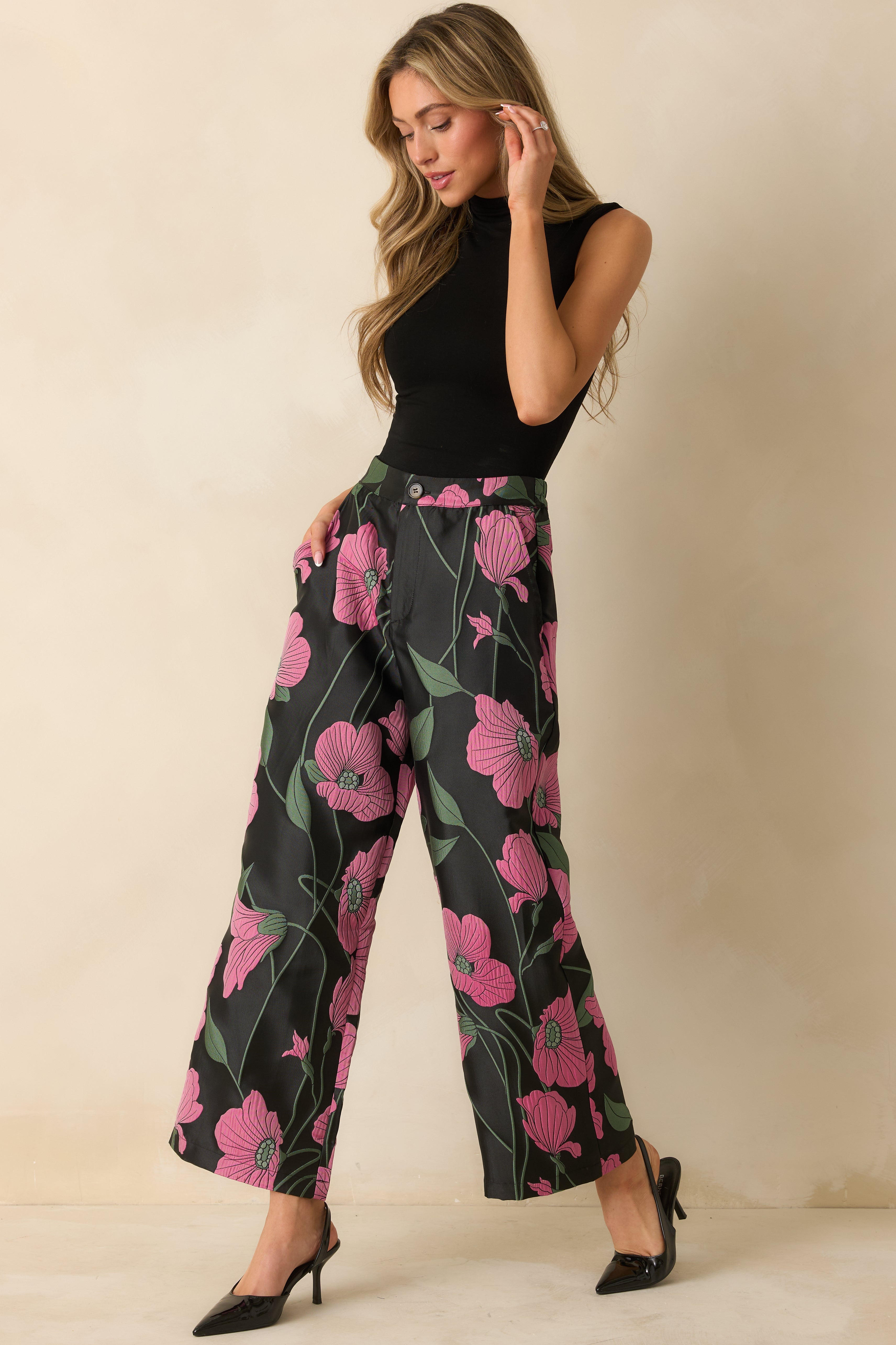 Garden Reverie Black Multi Floral Jacquard Wide Leg Pants