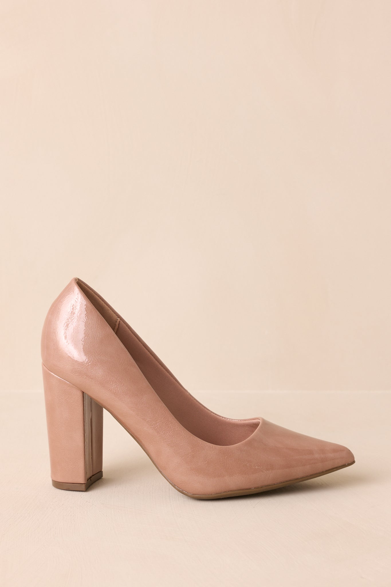 Run The Show Light Mocha Patent Pointed Toe Block Heel Pumps