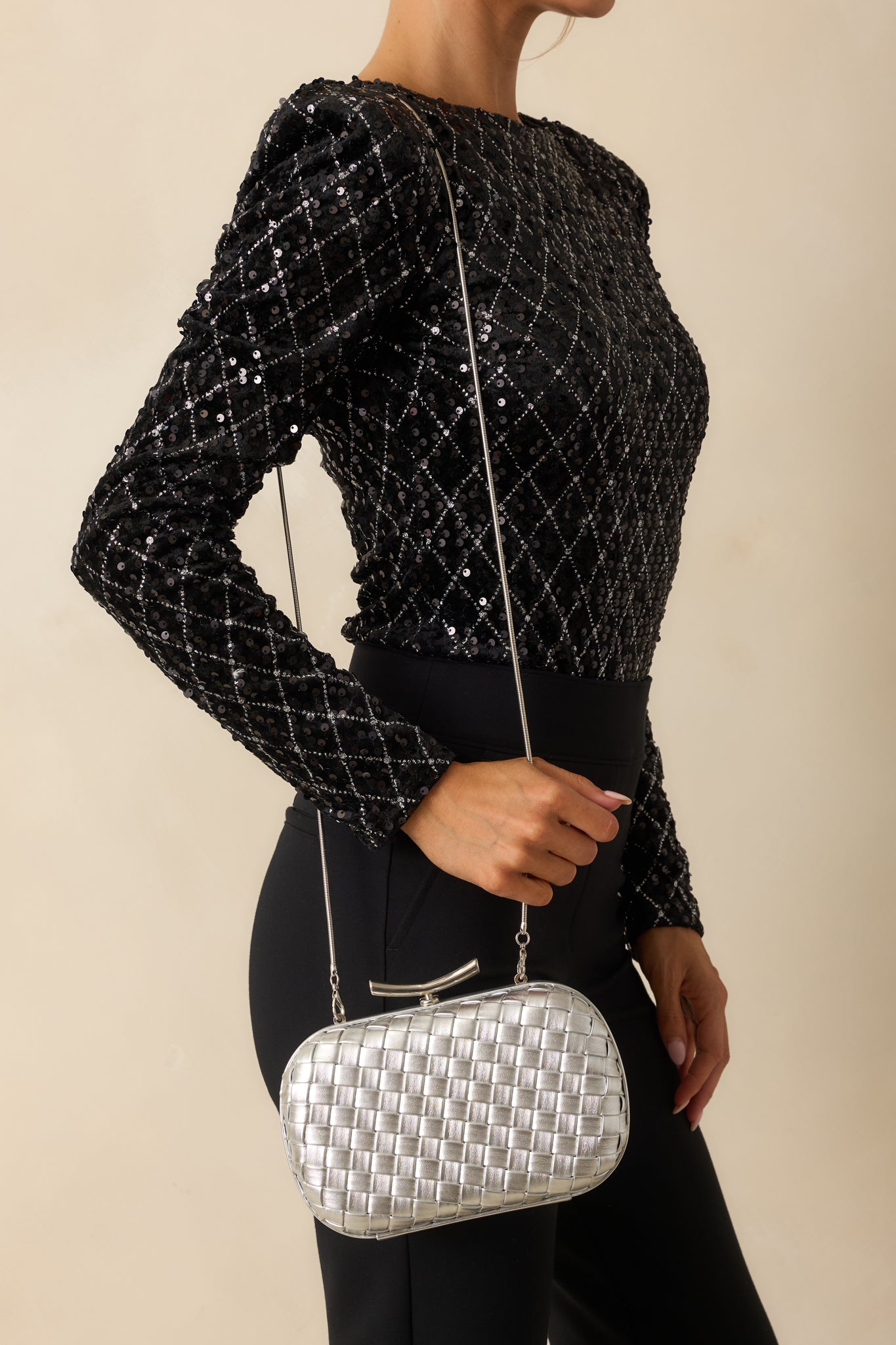 For Certain Silver Metallic Woven Faux Leather Clutch Handbag