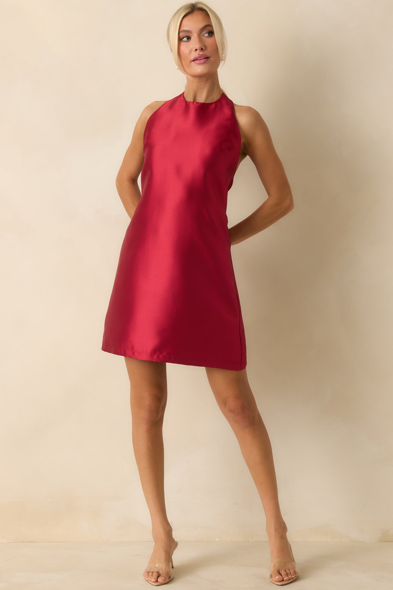 The Bold Type Red Satin Buckle Strap Halter Mini Dress