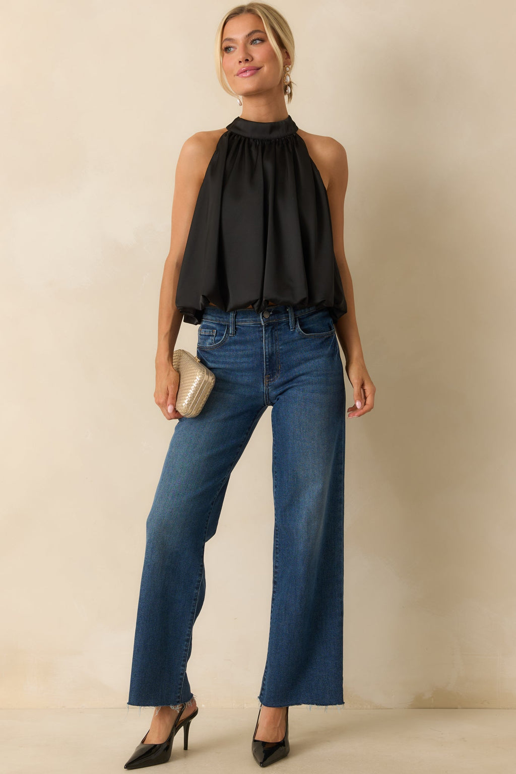 Pop the Bubbly Black Satin Blouson Halter Top