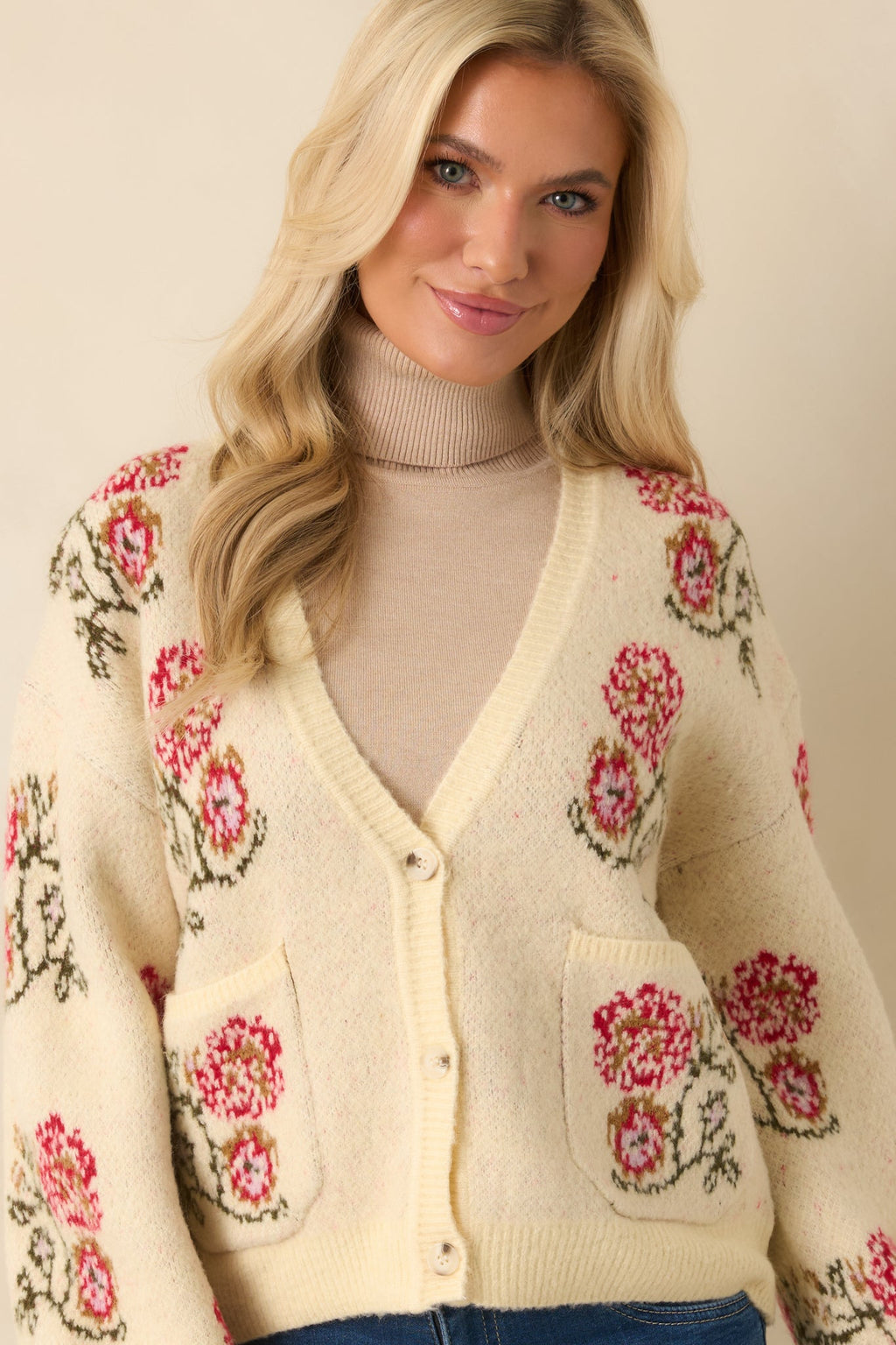 Garden Wishes Ivory Multi Knit Floral Button Up Cardigan Sweater