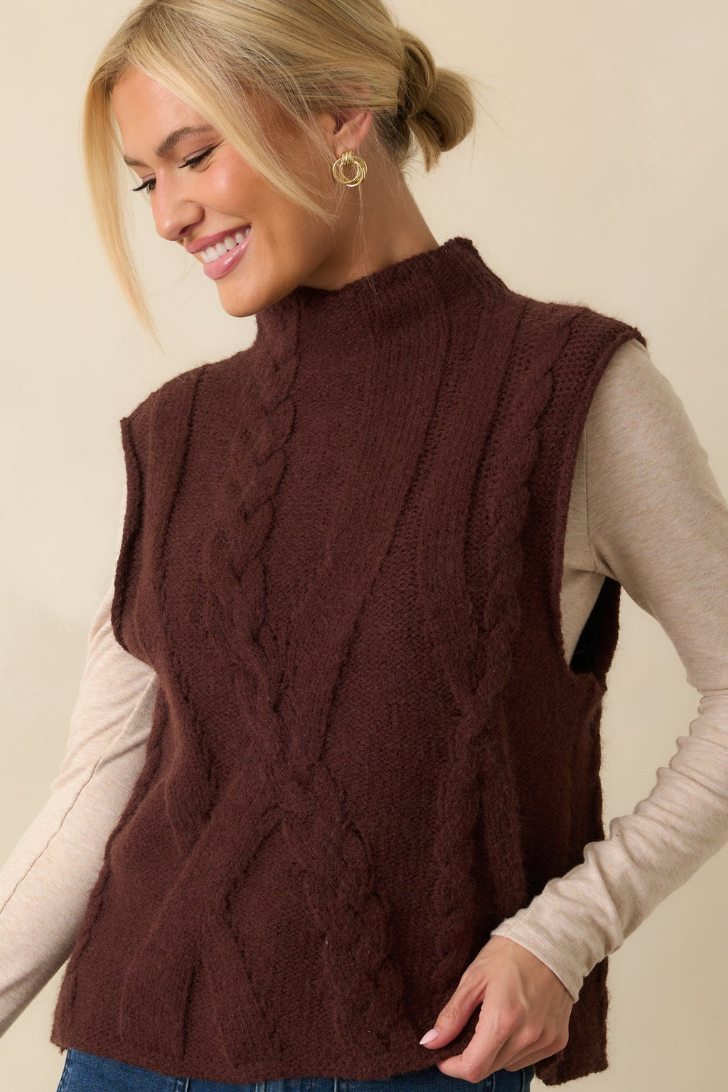 Cuddle Up Close Chocolate Brown Cable Knit Sweater Vest
