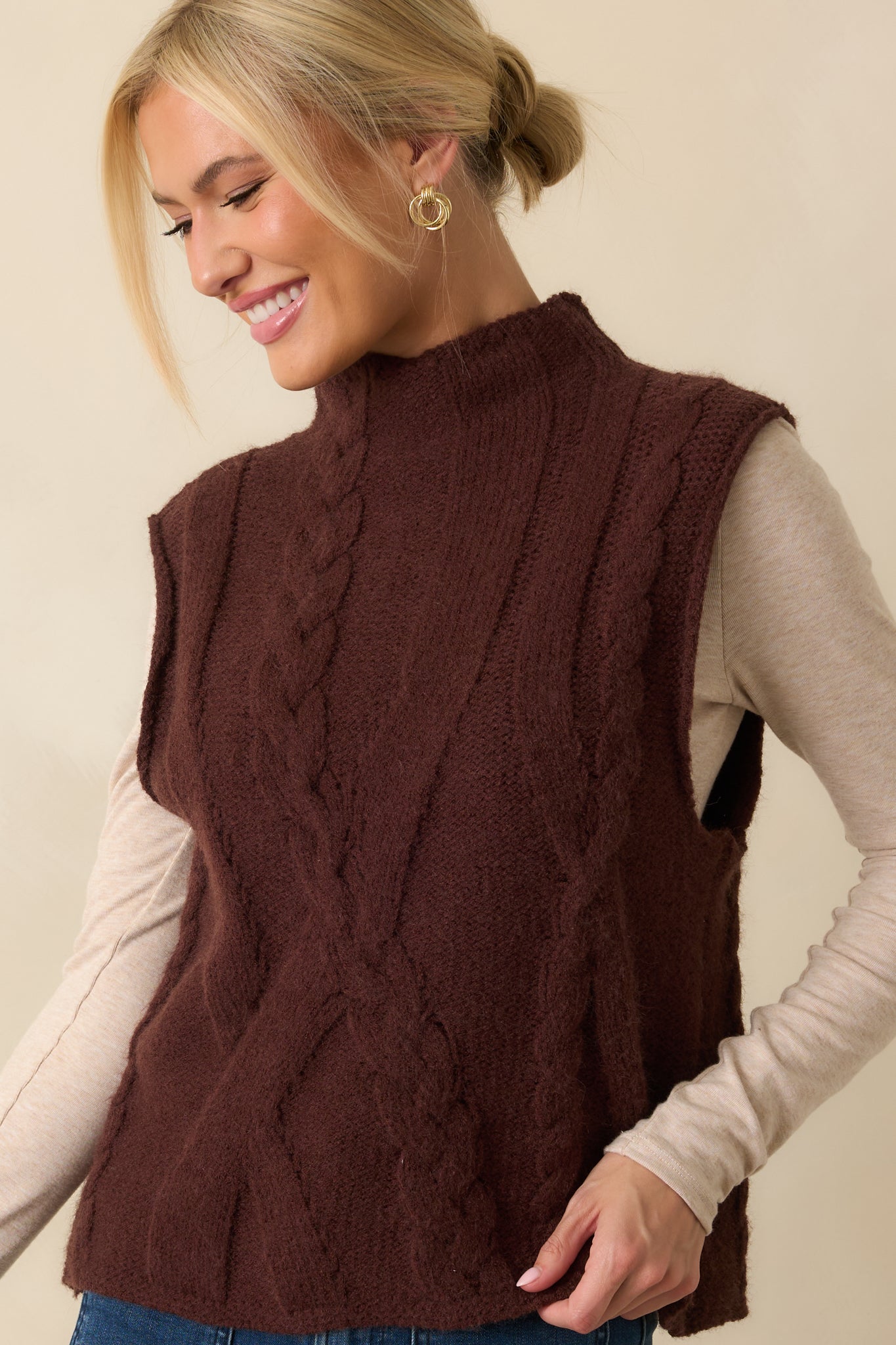 Cuddle Up Close Chocolate Brown Cable Knit Sweater Vest