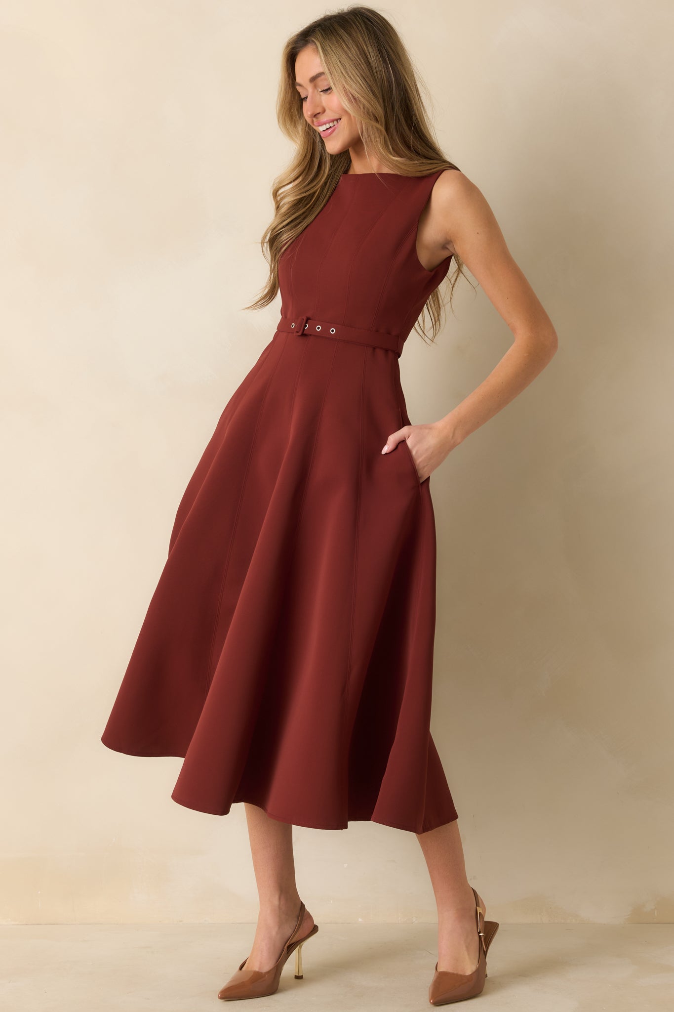 Timely Matter Dark Rust Red Belted Sleeveless Midi Dress