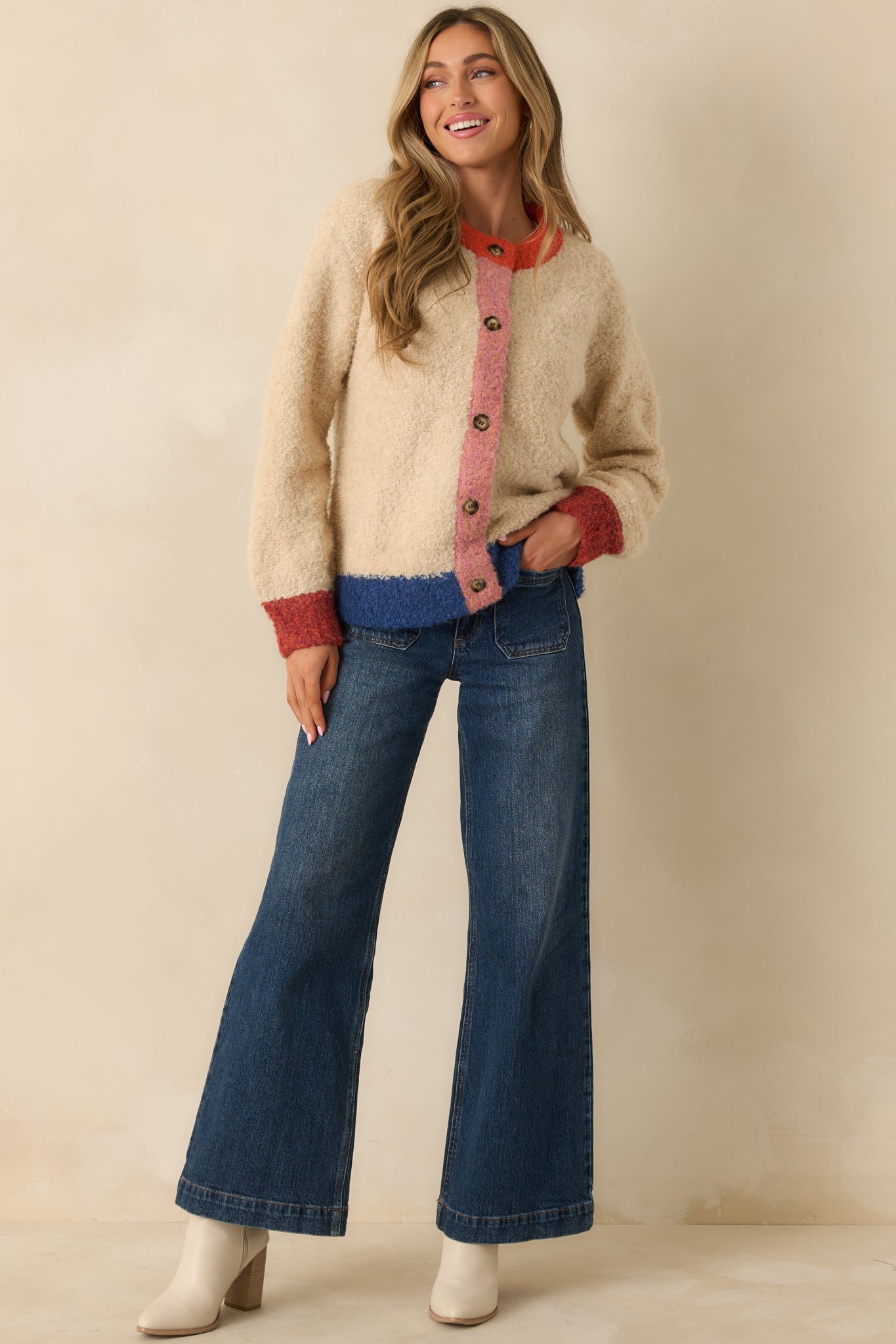 FRNCH Cyclamen Ivory Multi Knit Color Block Cardigan