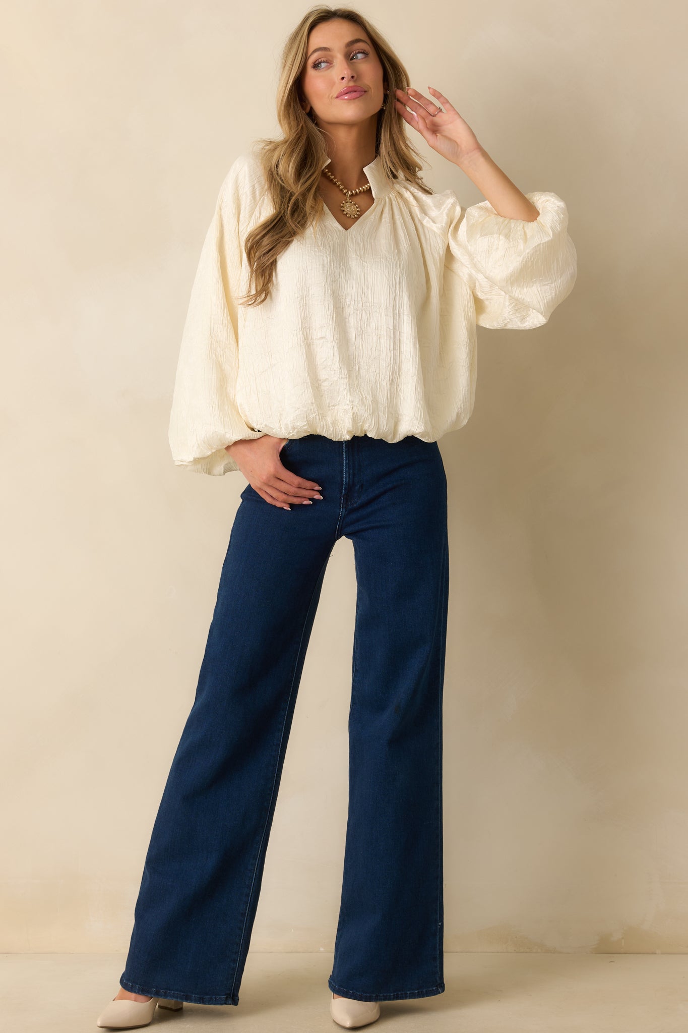 Promise Me This Cream Satin V-Neck Peasant Sleeve Top