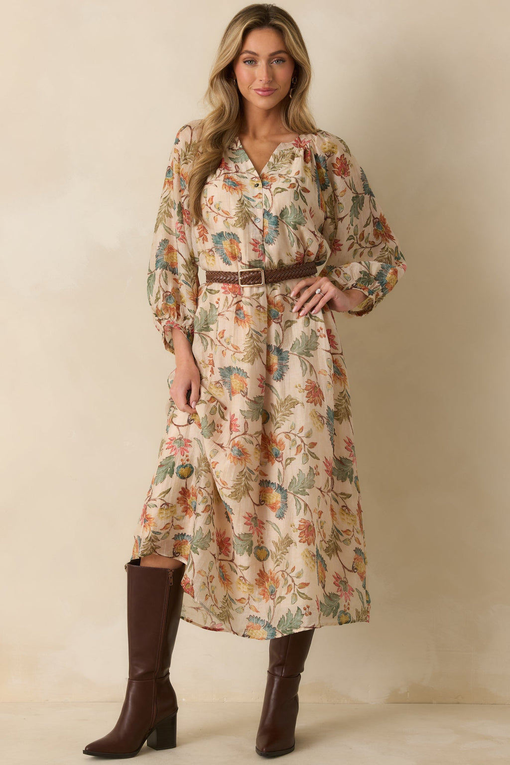 Among the Wildflowers Beige Multi Floral Print Long Sleeve Maxi Dress