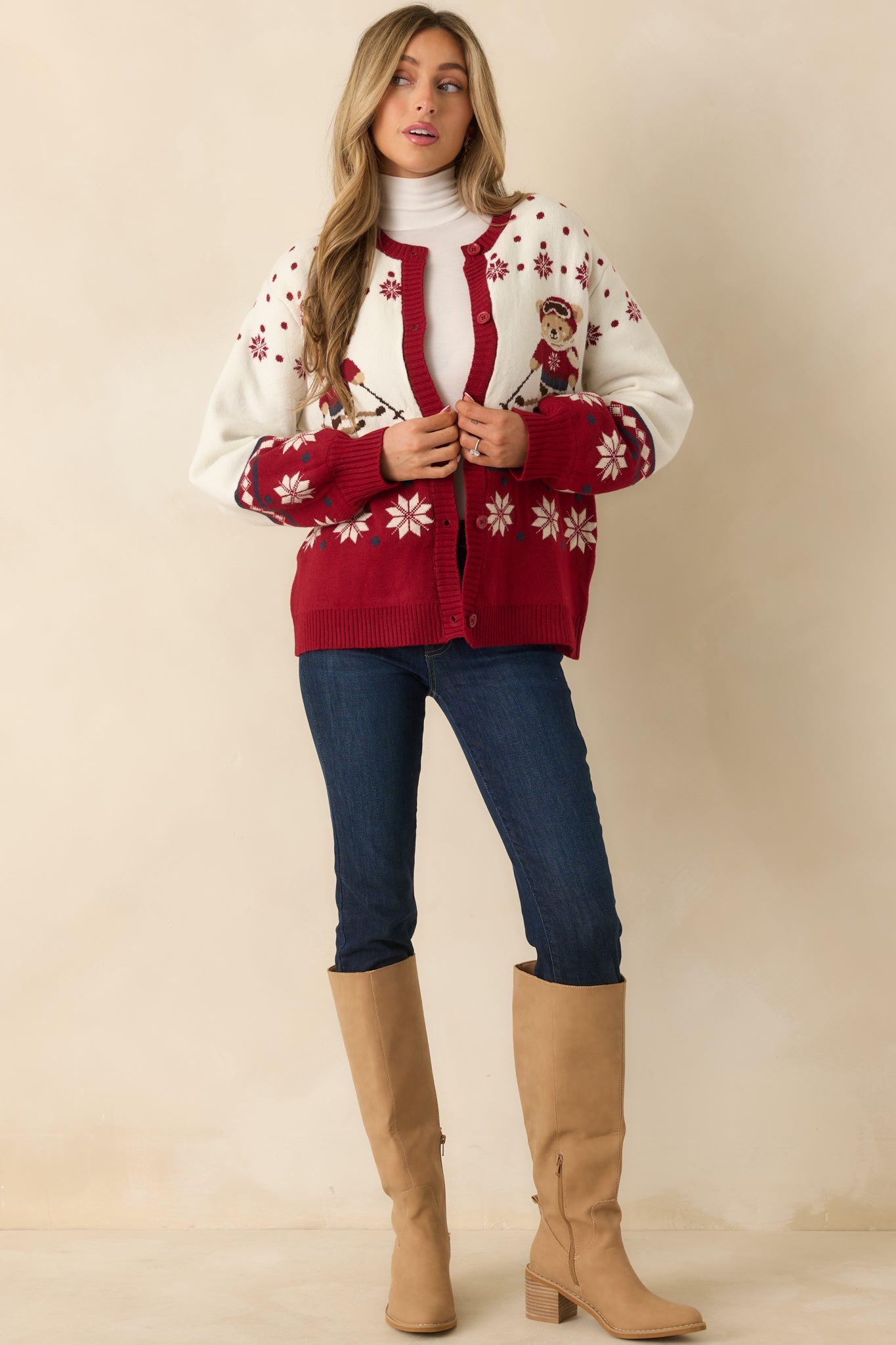 Ski Season Sweetie Ivory & Red Knit Ski Bear Cardigan Sweater