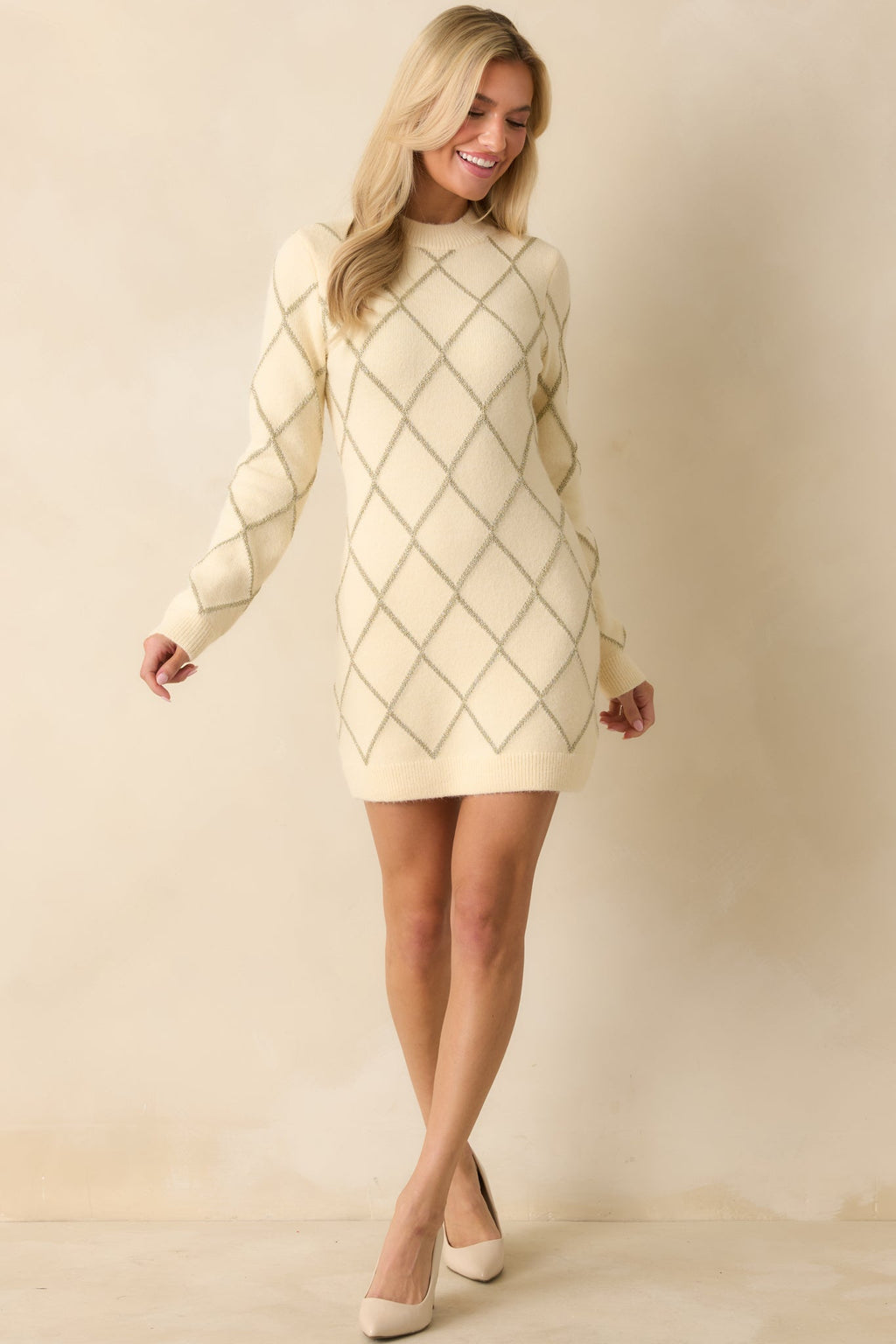 Bright On Arrival Ivory Knit Metallic Argyle Sweater Dress