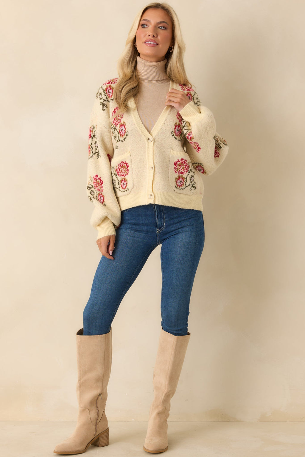 Garden Wishes Ivory Multi Knit Floral Button Up Cardigan Sweater