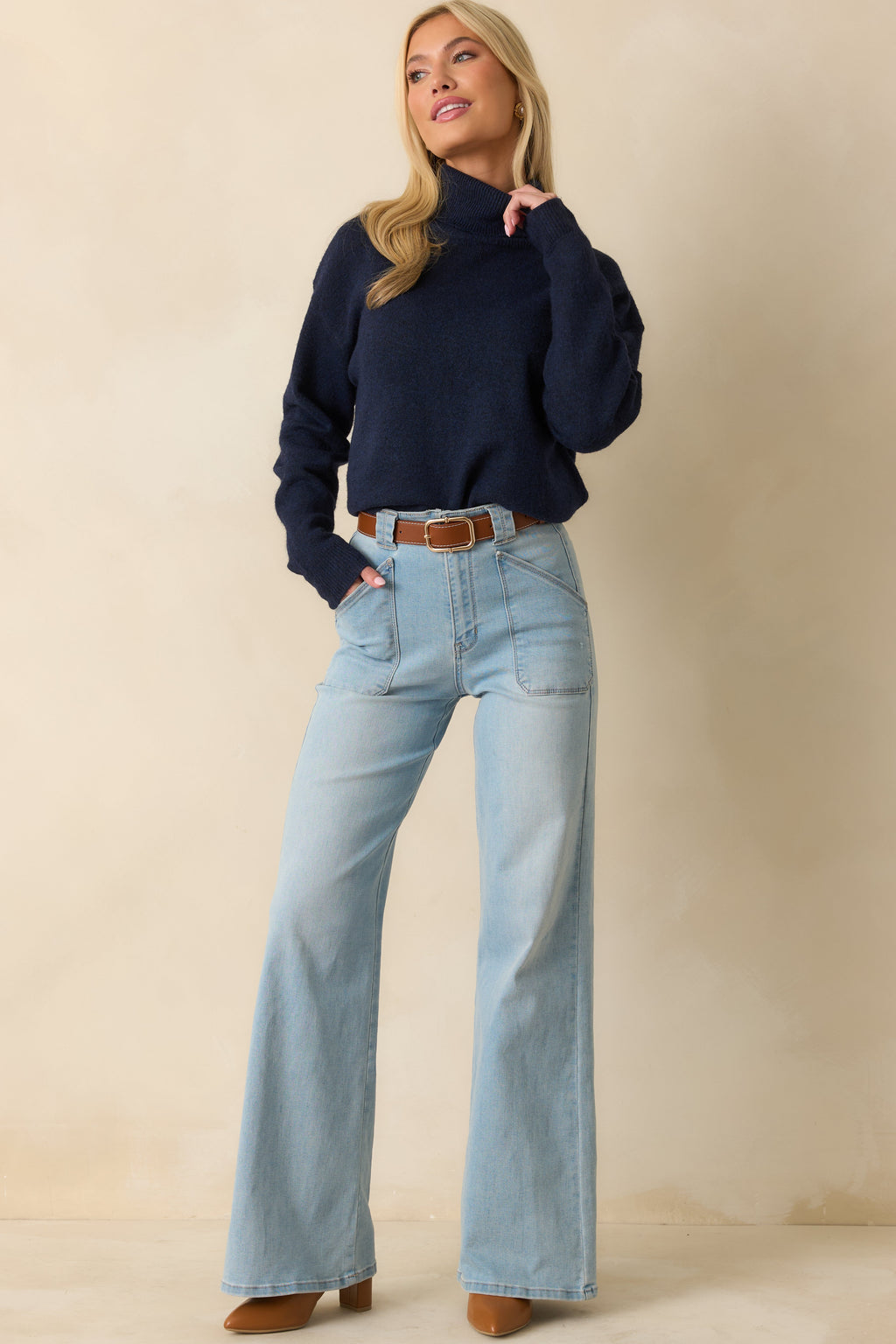 For The Best Navy Knit Long Sleeve Turtleneck Sweater