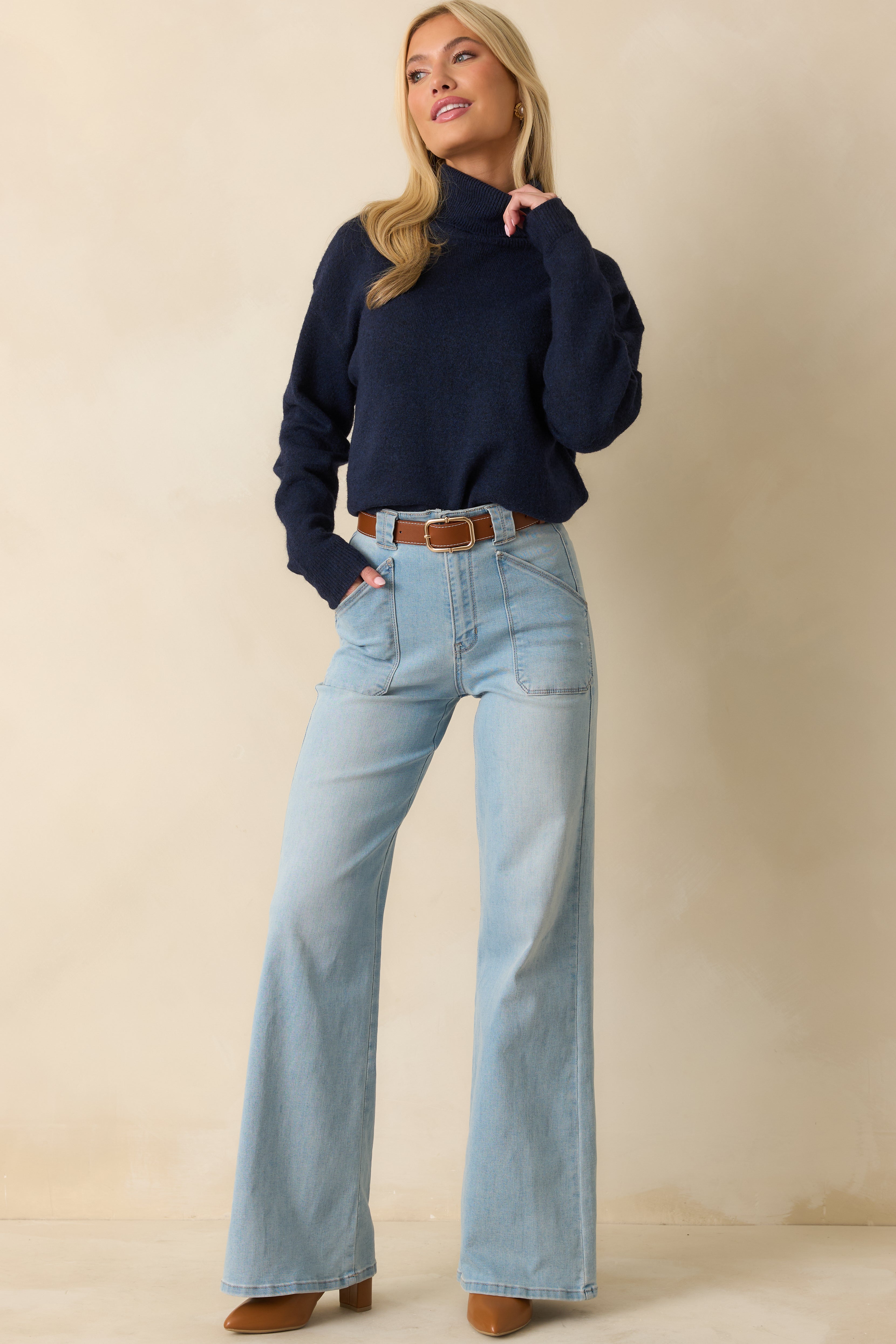 For The Best Navy Knit Long Sleeve Turtleneck Sweater