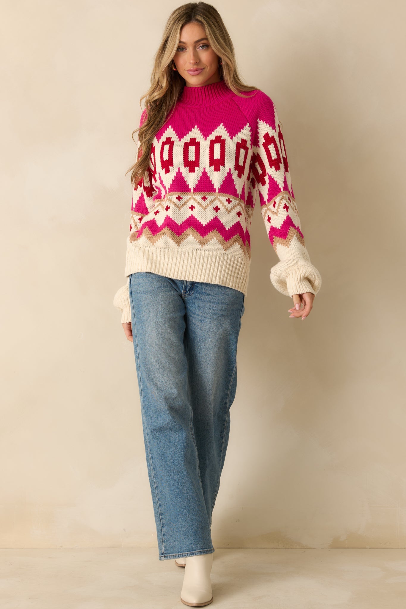 The Art of Warmth Fuchsia Pink Multi Knit Pattered Sweater