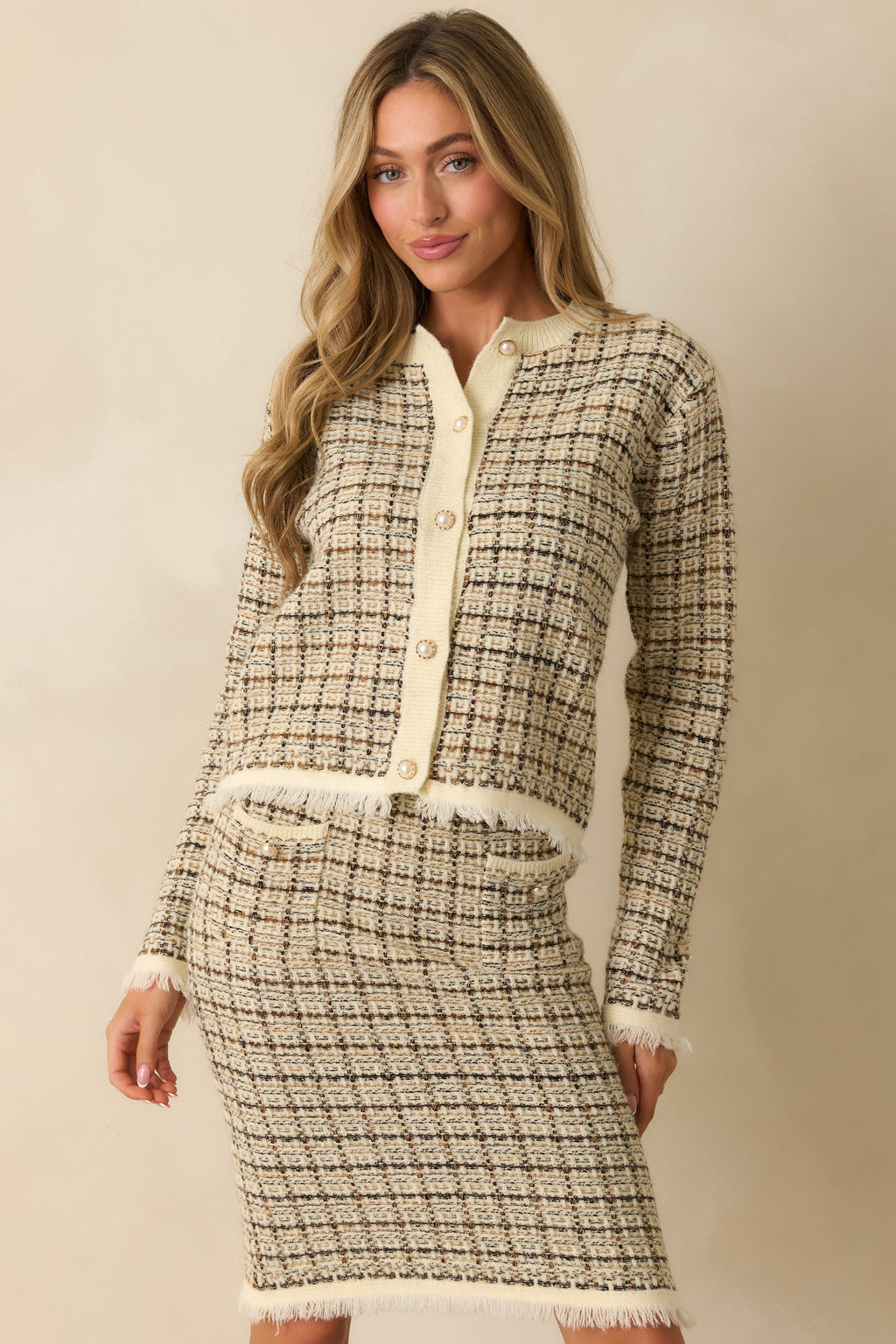 A Thoughtful Touch Ivory Plaid Pattern Knit Cardigan