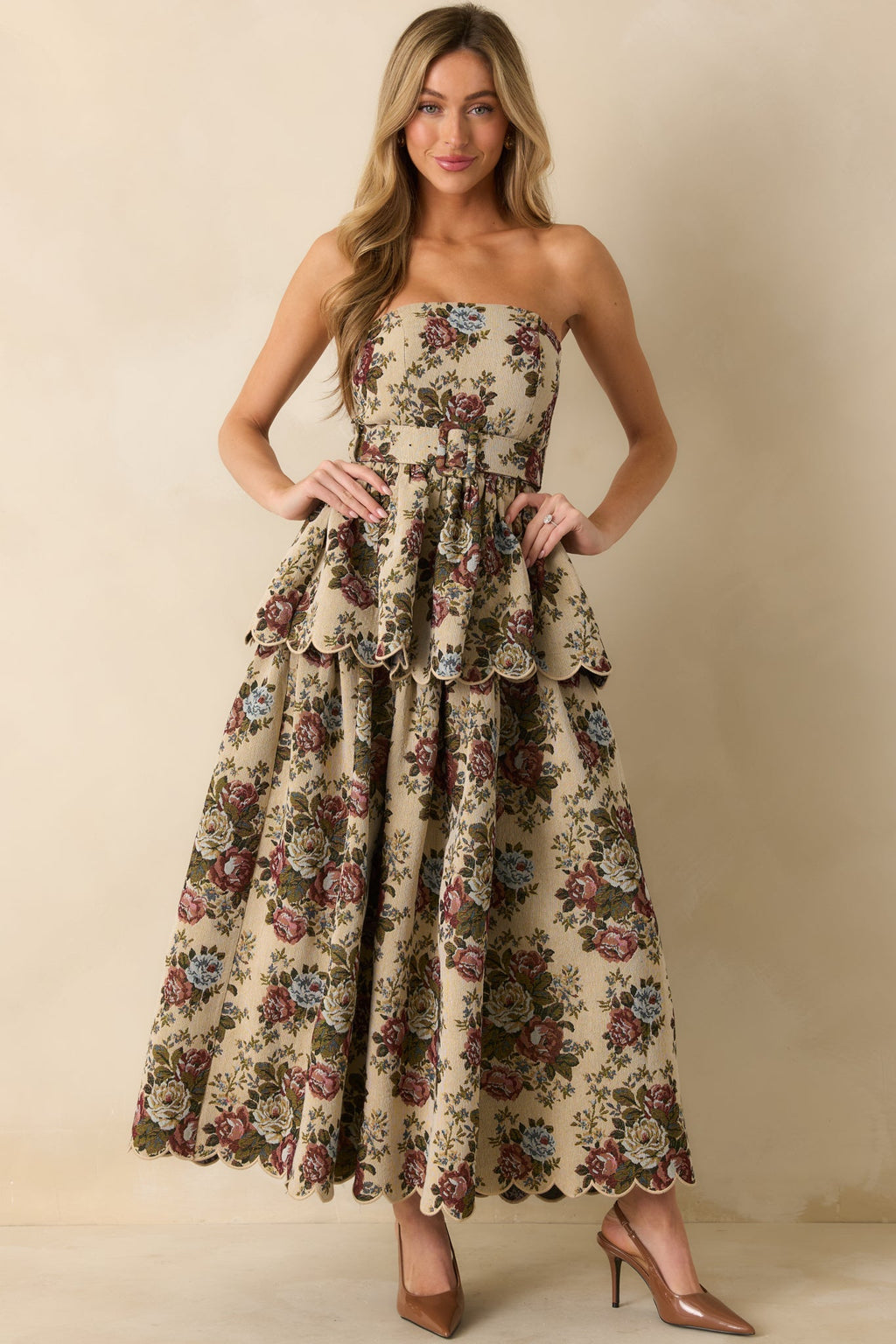 Graceful Charm Beige Multi Floral Tapestry Strapless Midi Dress