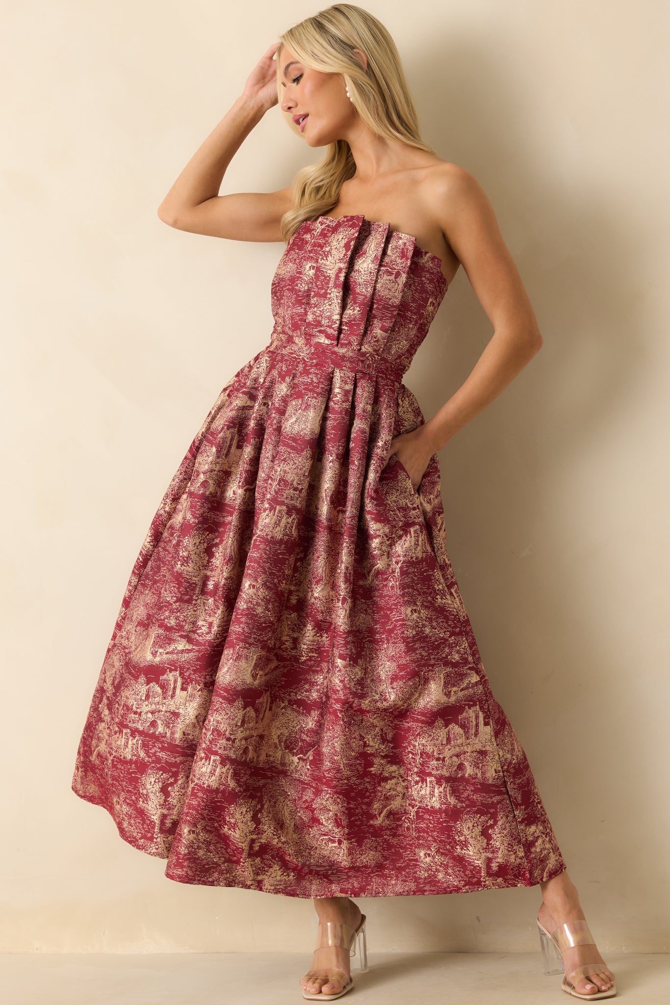 The Genevieve Burgundy Storybook Toile Jacquard Strapless Midi Dress