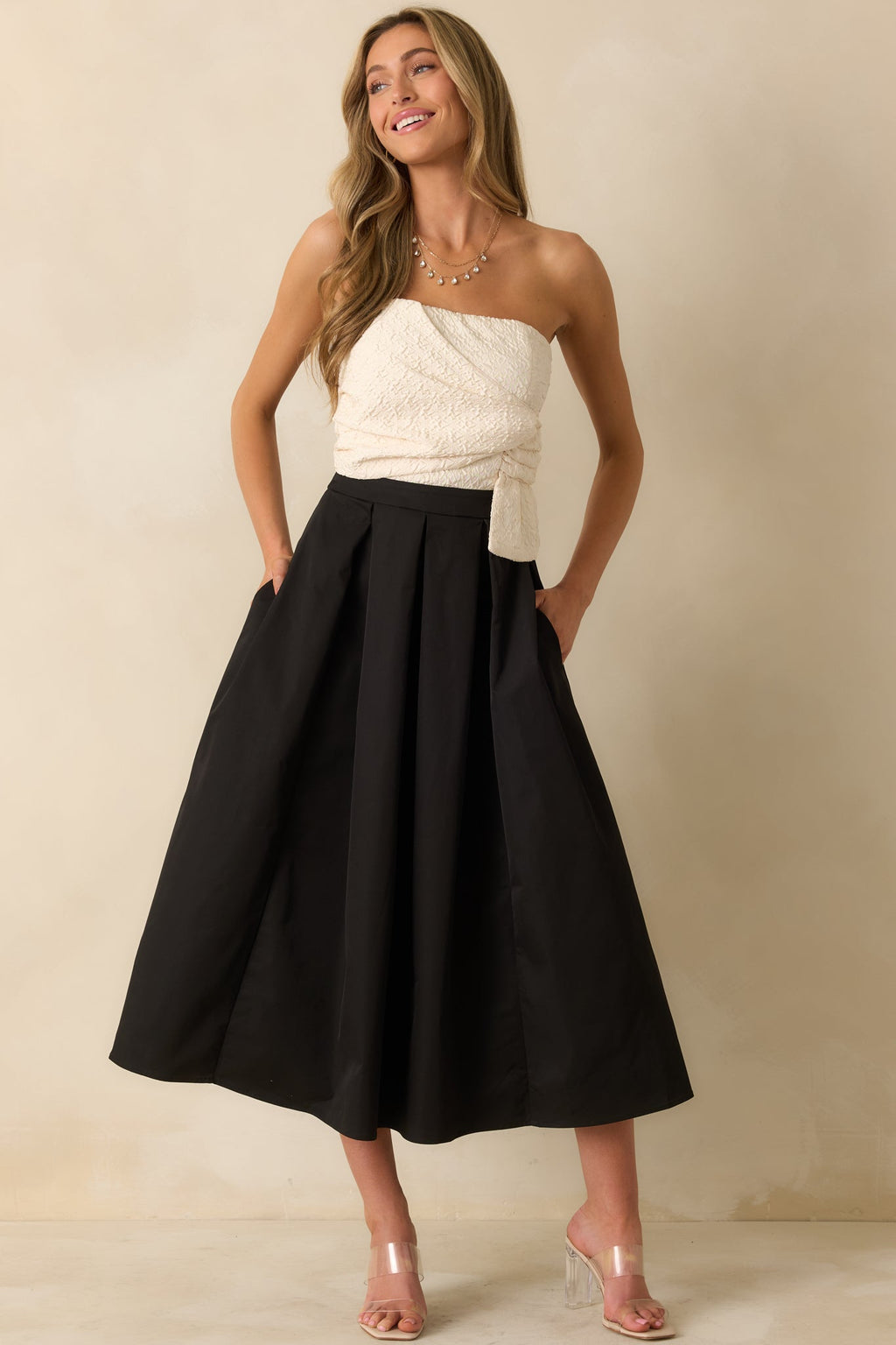 Black Tie Beauty Black & Ivory Strapless Midi Dress