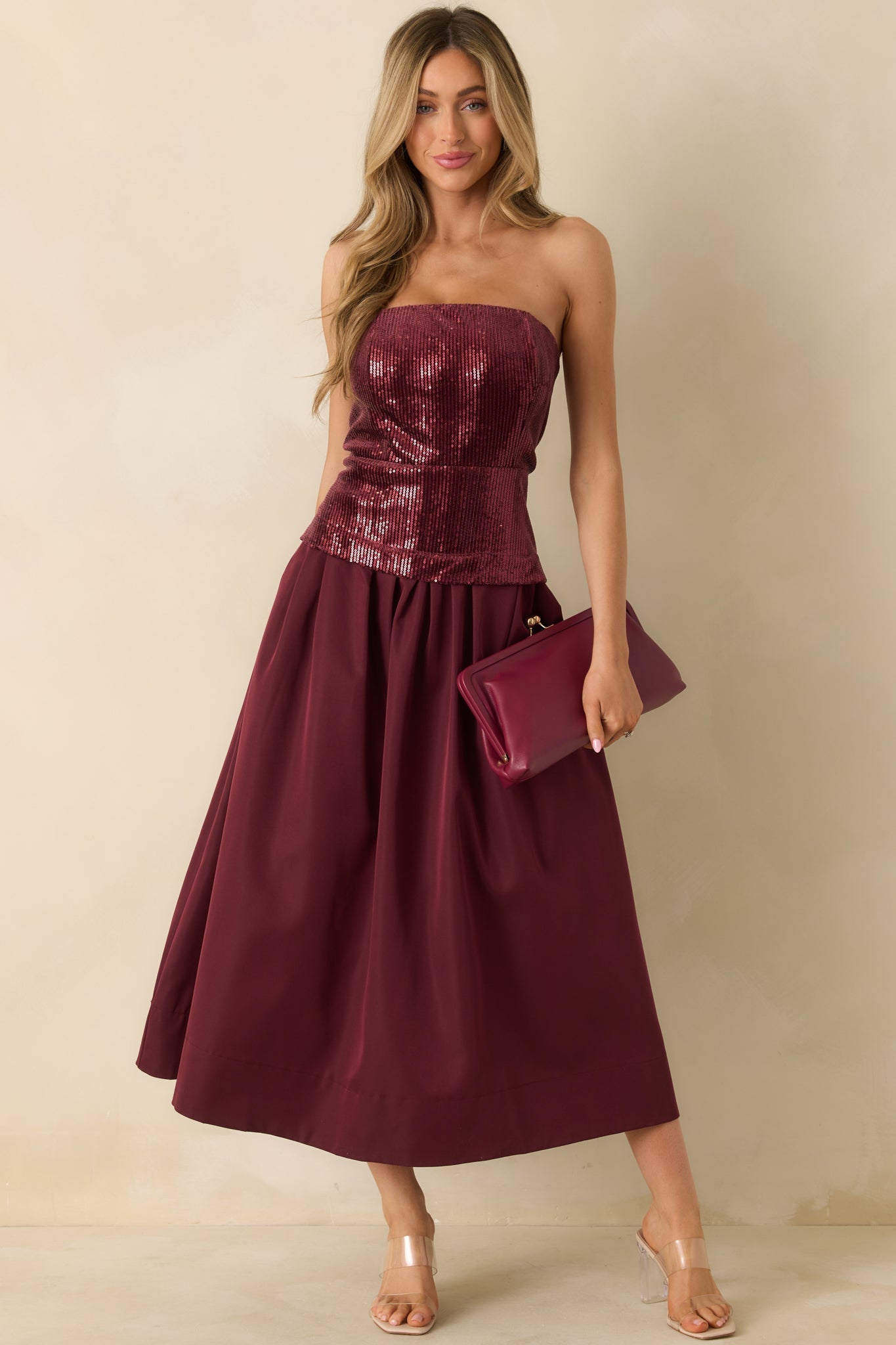 Sips & Sparkles Wine Red Sequin Strapless Midi Dress