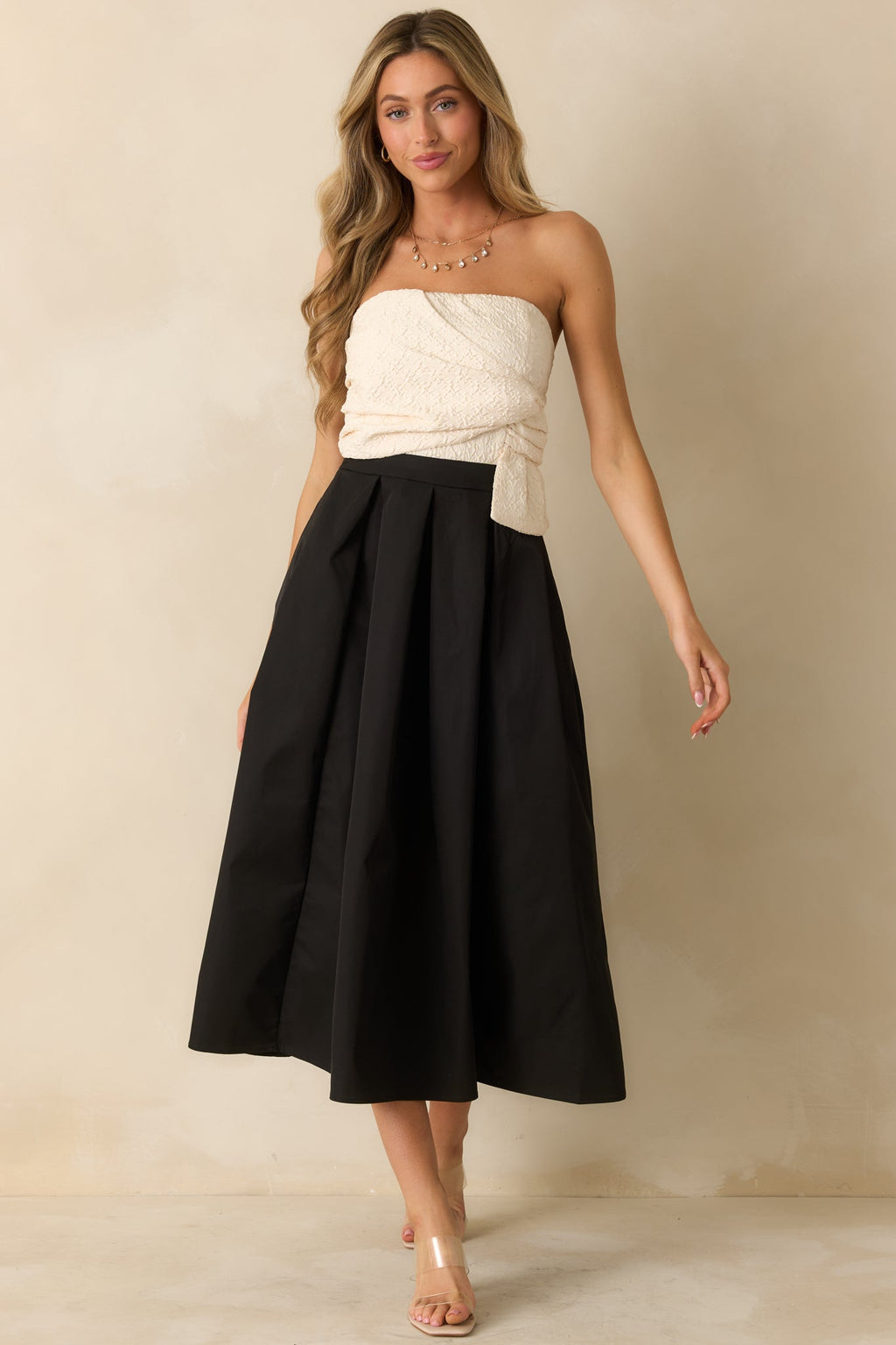 Black Tie Beauty Black & Ivory Strapless Midi Dress