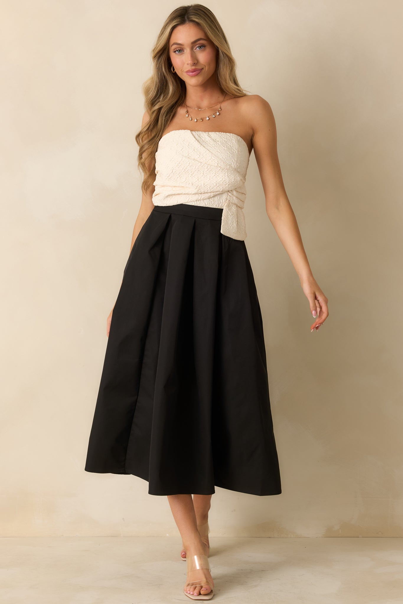 Black Tie Beauty Black & Ivory Strapless Midi Dress