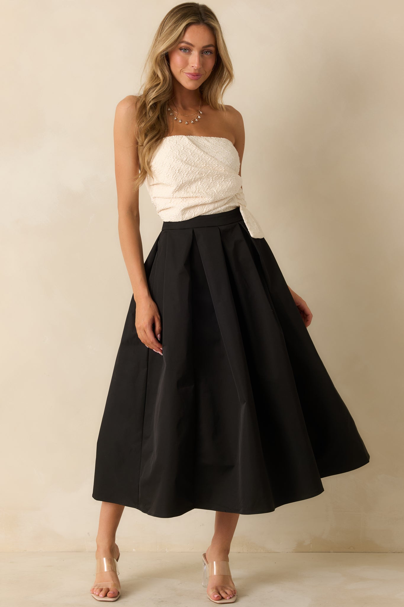 Black Tie Beauty Black & Ivory Strapless Midi Dress