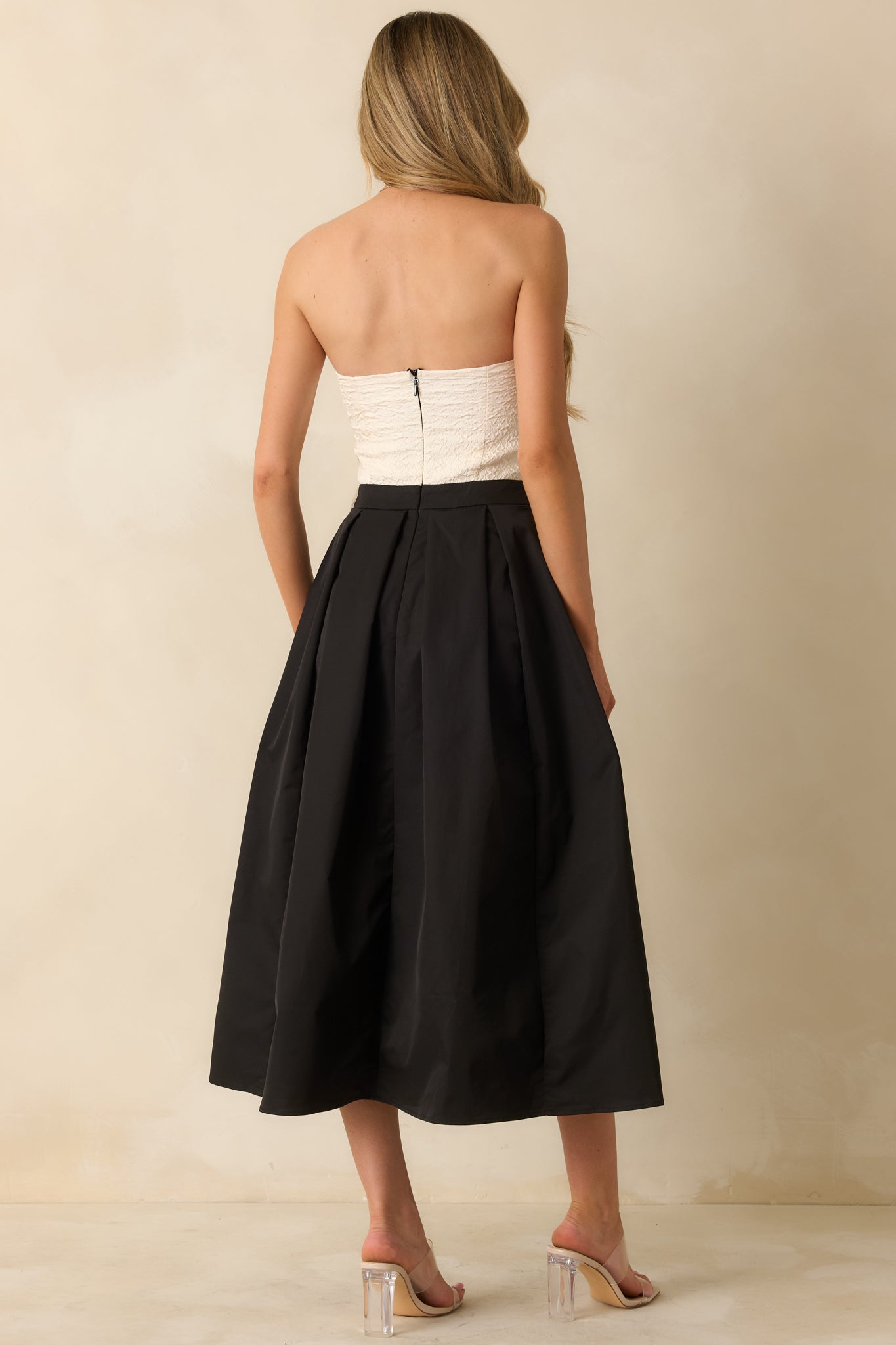 Black Tie Beauty Black & Ivory Strapless Midi Dress