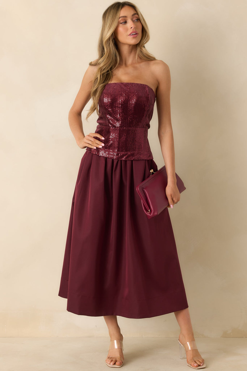 Sips & Sparkles Wine Red Sequin Strapless Midi Dress