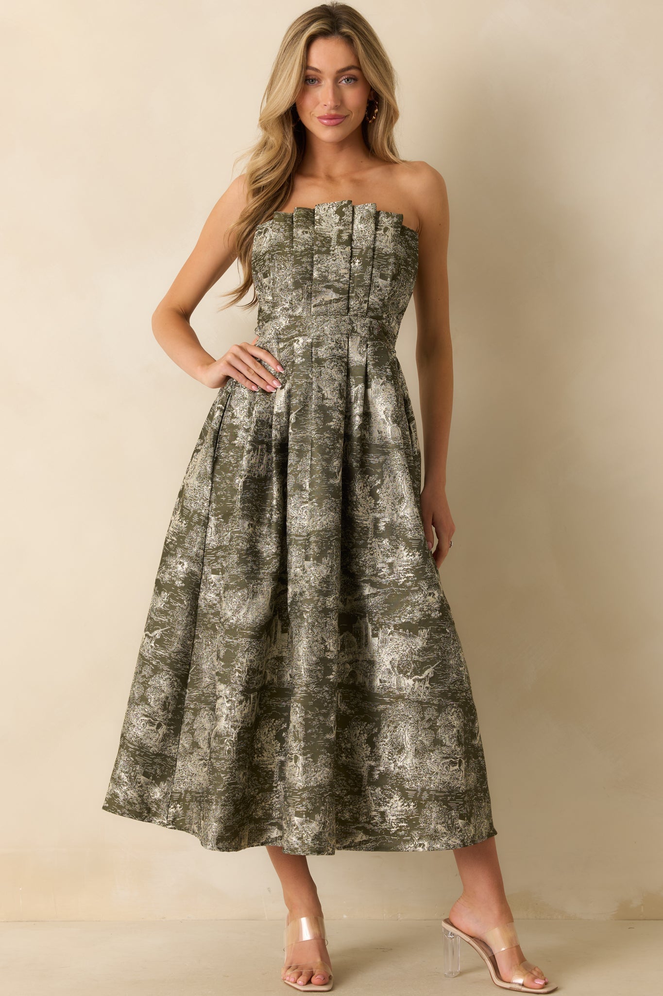 The Genevieve Olive Storybook Toile Jacquard Strapless Midi Dress