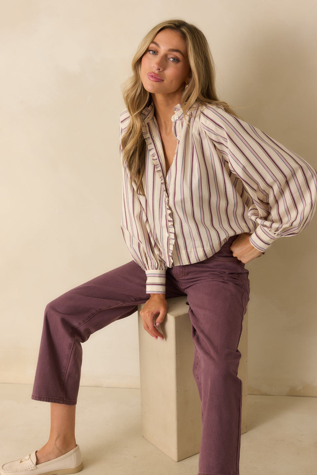 FRNCH Ivory & Lilac Striped Button Up Molly Shirt