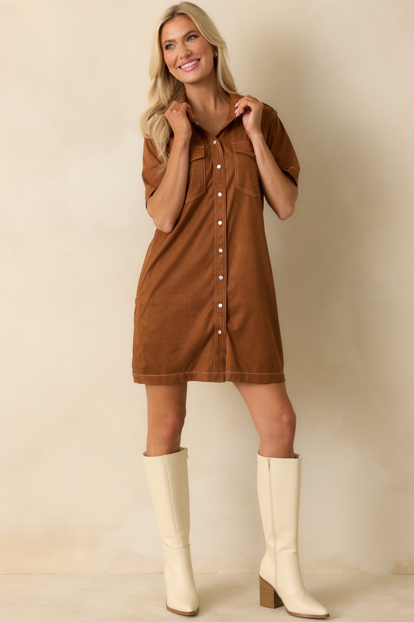 Many Possibilities Cinnamon Brown Button Up Mini Dress