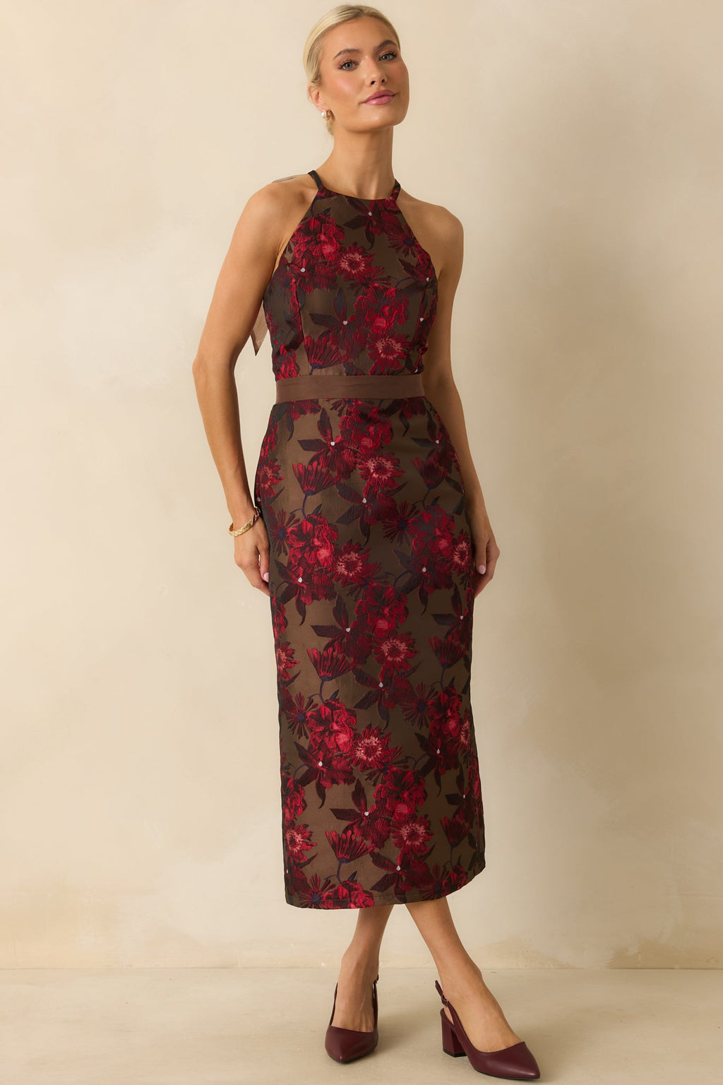 For the Storyline Mocha Brown Multi Floral Jacquard Maxi Dress